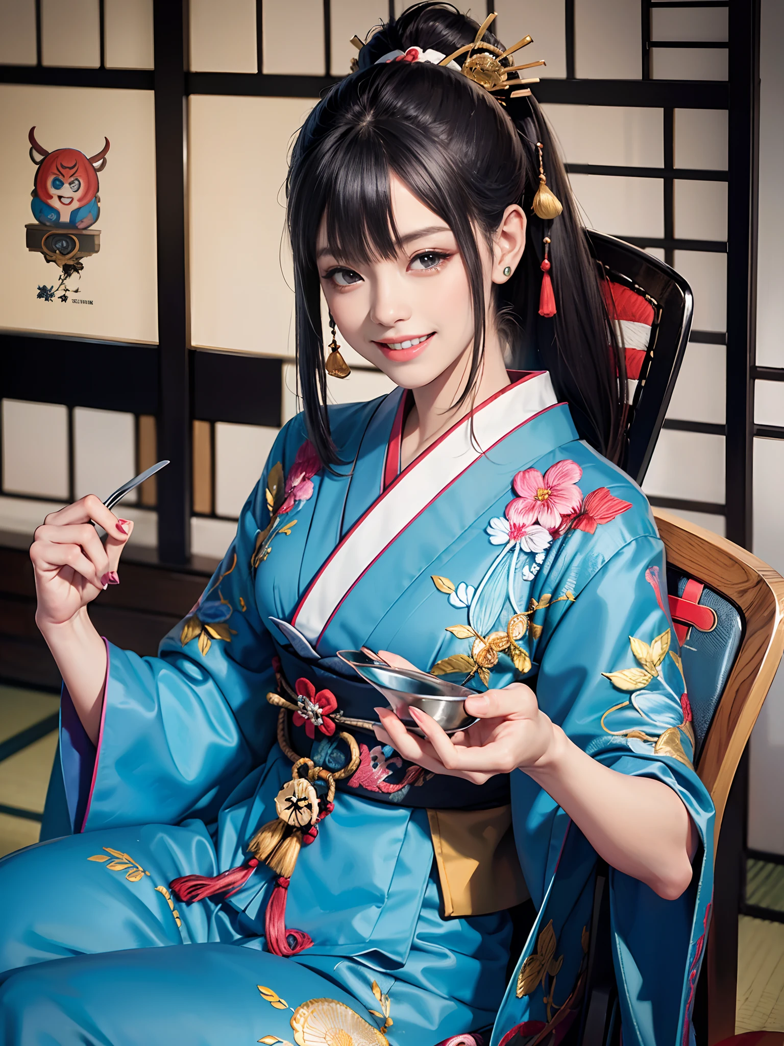 (rokoko:1.5),Background of details(Breaking the chair:1.5),BREAK ,elaborate costume(Luxury kimono(Colorful kimono(detailed embroidery(Yokai embroidery)))),BREAK,(1 Beautiful and classy adult woman(A very happy smile:1.5)(Japanese actressl:1.2)(glossy dark hair(poneyTail:1.2))),(eye glass(four corners:1.2)),(Have a fork),BREAK,Wallpapers 16K,Blur the background,(masutepiece:1.5),(Best Quality:1.5),(Portrait photos:1.5),From above