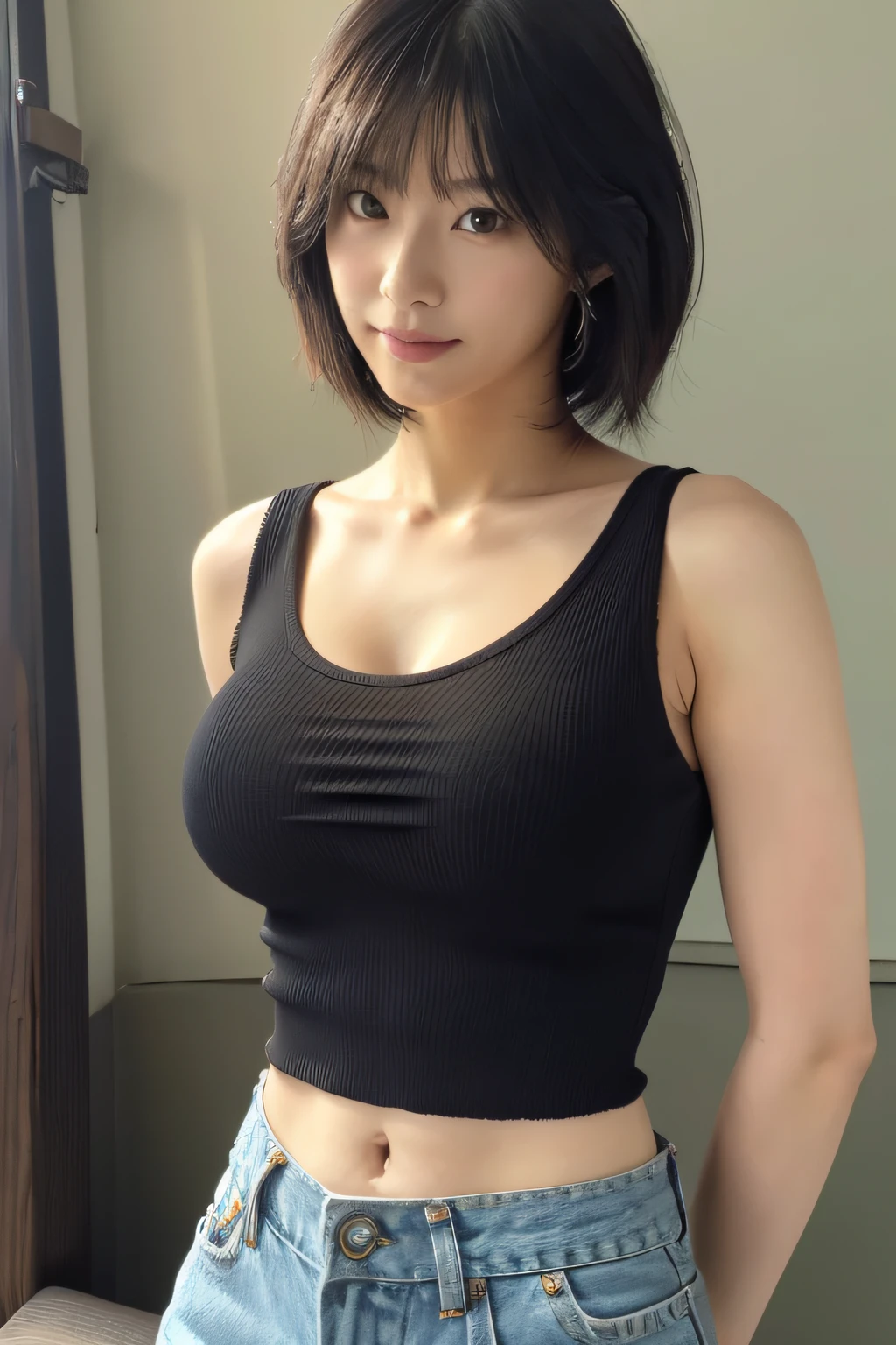 (top-quality,masterpiece),Japan model posing for camera,30-years old,so short hair,Bewitching look,Detailed nose,Detailed lips,Painted on the waist,Colossal tits,a wet body,Black tank top,Navel Ejection,abdominals,Toned waist,cleavage of the breast,Inviting,
