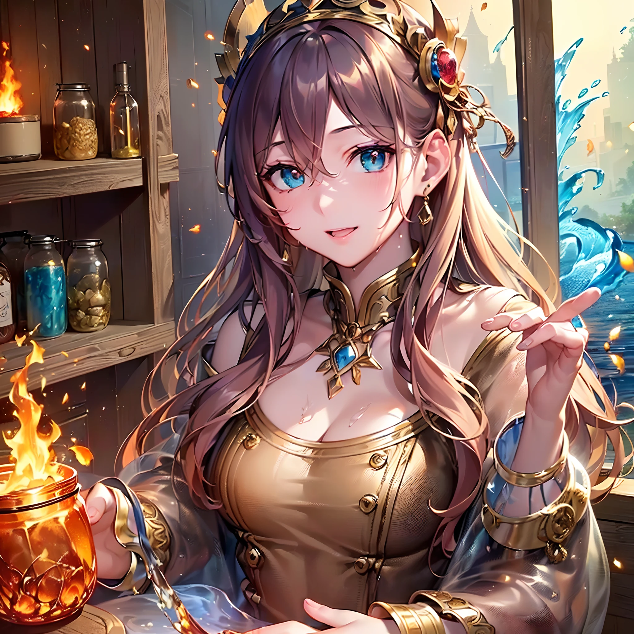 ((Finest quality)),(超A high resolution),(ultra-detailliert),(Meticulous portrayal),((Best CG)),(Finest works of art),Ultra-Precision Art,The art of astounding depiction, (Fire and water trapped in a jar:1.5) ,(1人の女性:1.5),A benevolent look:1.5:ssmile:1.3