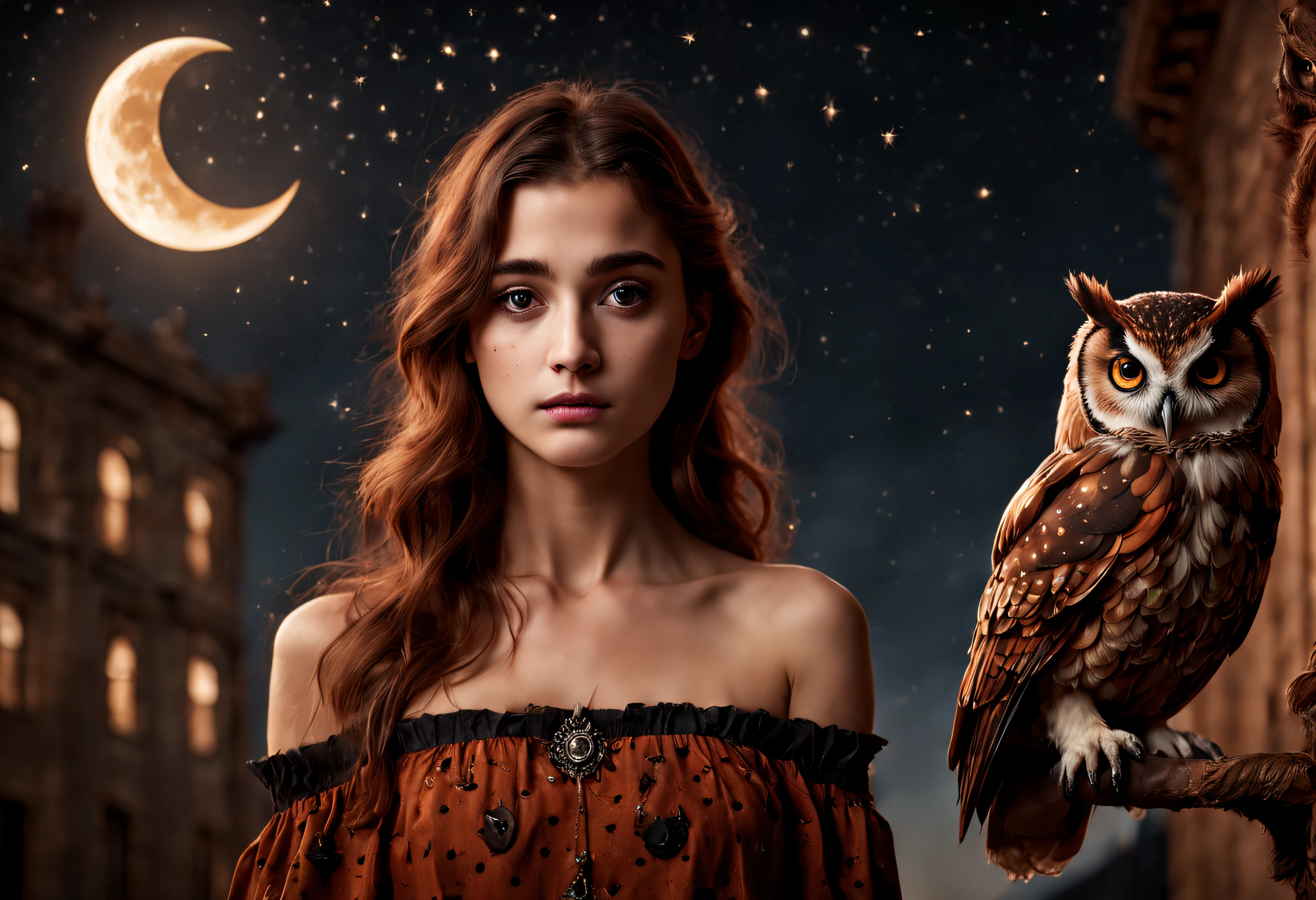 "RAW photo, best, masterpiece, best quality, high quality, extremely detailed, a girl with a rust brown owl with black spots above her shoulder, it is a night with a crescent moon, stars in the sky, cinematic color, scene of a movie, intricate details, best quality, very realistic."