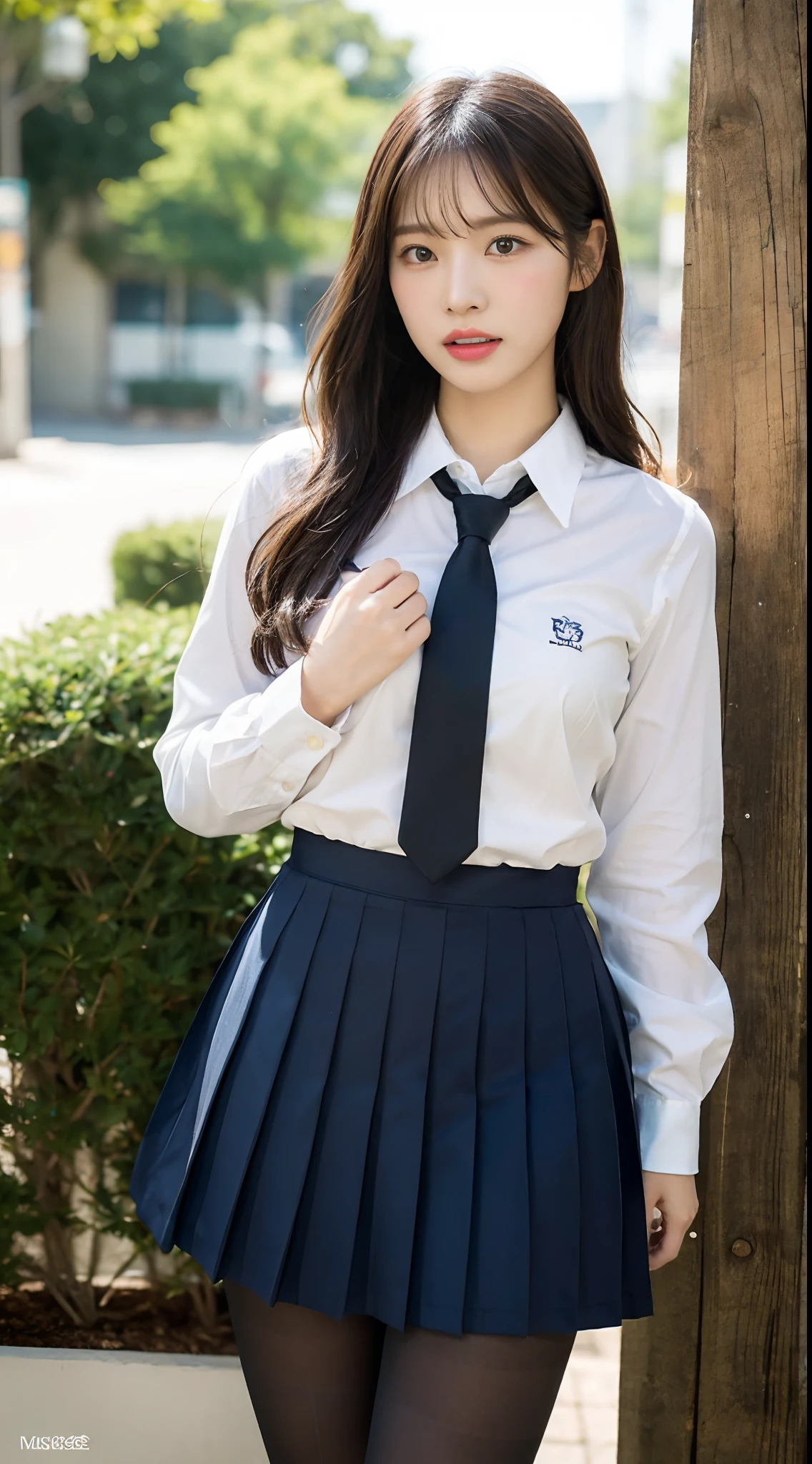 (((full bodyesbian)))、((Girls' High School Uniforms))、((１a person))、Close to the subject、((a miniskirt))、(((school buildings)))、(((ssmile)))、(((Girls' High School)))、((a beauty girl))、((Sexy poses facing backwards))、Photorealsitic、Beautiful detailed eyes、Hyper-Realism、highcontrast、Ultra HD、realistic skin textures、Top image quality、top-quality、超A high resolution、Fine details、Very meticulously