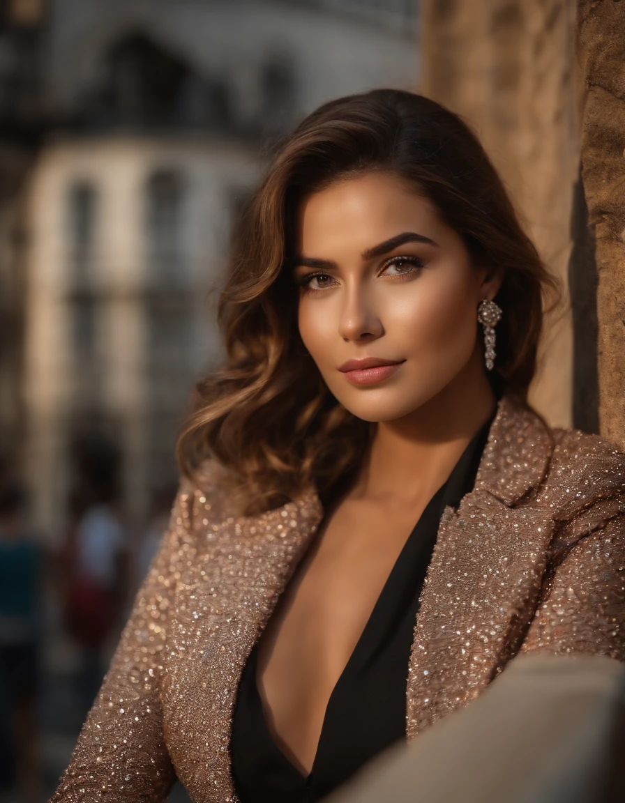 Qualidade Premier, master part, 1 menina, rosto bonito, (fotos fotorrealistas:1.3), Rim lighting, (pele de alto detalhe:1.2), 8k UHD, DSLR, alta qualidade, High definition, 4k, 8k, Bokeh, (real: 1.3), cara pequena, Bonito uma menina, Blazer formal bege, mid chest, office pants