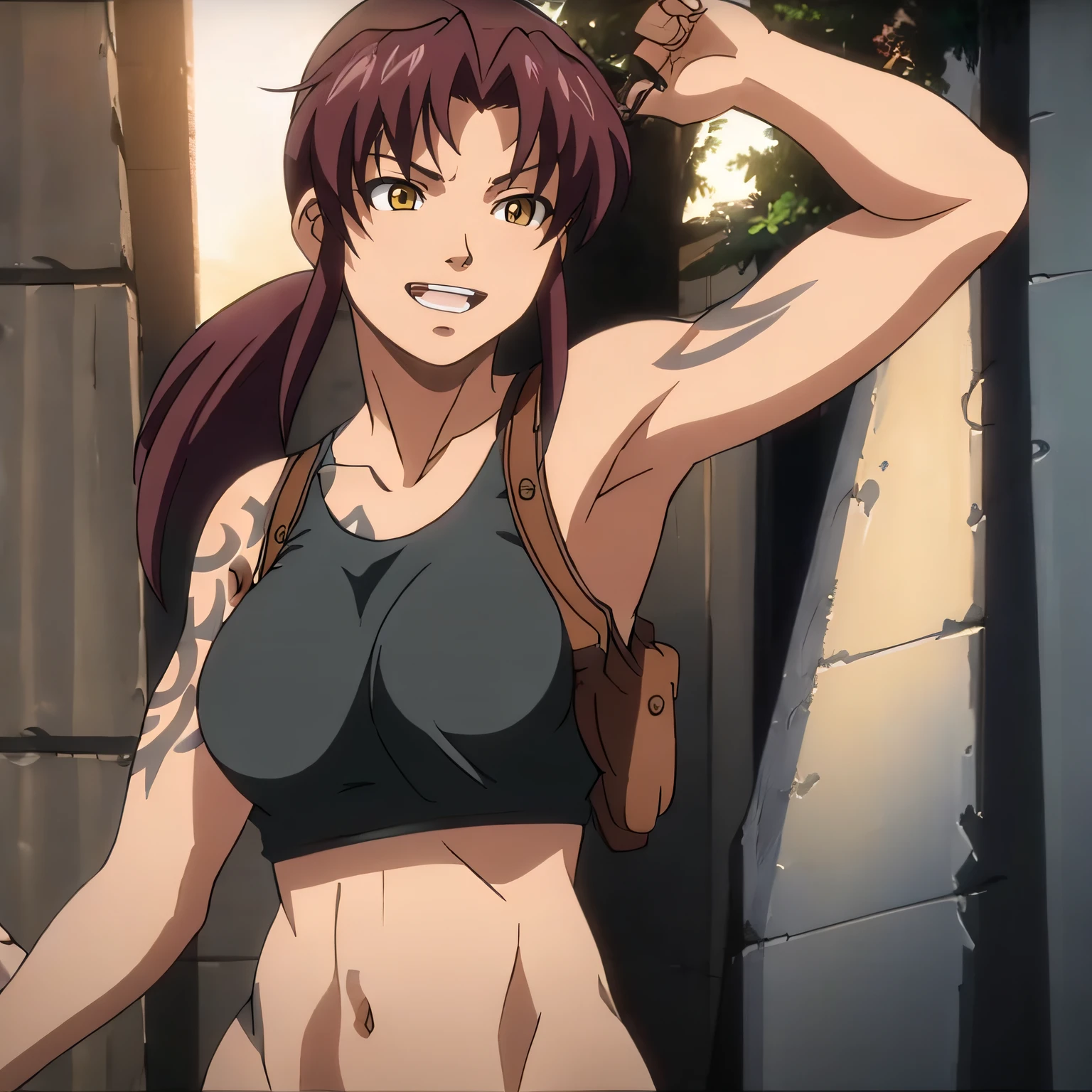 masterpiece,high quality,solo,outdoors, smirk,open mouth,, revy,1woman, long hair,ponytail,brown hair,yellow eyes,tattoo,shoulder tattoo,arm tattoo, collarbone,cleavage,breasts,bare shoulders,black tank top,shoulder holster, midriff,, breasts, armpits, ,nude, desnudo, muscular, muscle girl