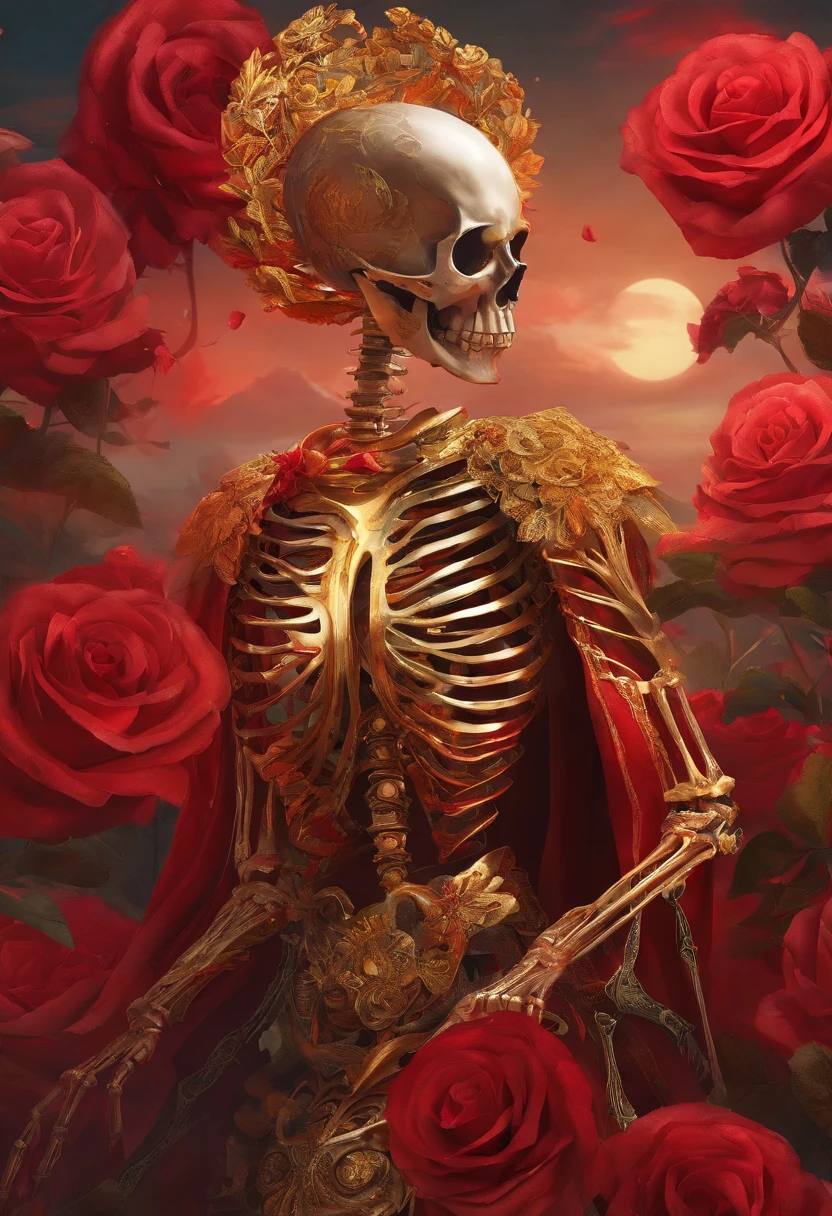 (Skeleton dressed in gold and red costume with roses:1.37), inspired by Hedi Xandt, Dark-skinned goddess, Jour des morts. 8 k'', (Jour des morts),Style fusion, (Skeleton half), (The skeleton blends perfectly with the clothes),still from a music video, Skeleton made of red roses,. rosette