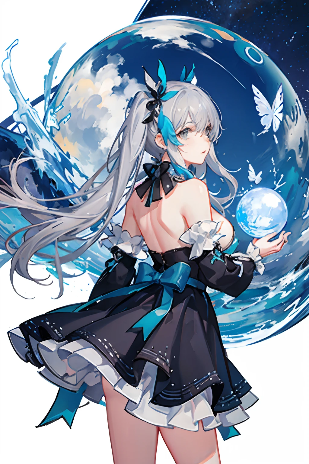 (Best Quality), (by Master), (Super Detail), (Eye Detail: 1.2), (Floating Colorful Wind: 1.4), (Upper Body: 1.5), (Lots of Colorful Butterflies: 1.3), (Sea of Clouds: 1.4),(Lens Flare: 1.3),(Stern Expression: 1.5),(Cleavage),(Movie Poster:1.0,(Tarot Border: 1.0),Girls' Dress,(White Armor:1.3),( Blue Ribbon: 1.2),(Water Magic:1.2),(Middle Chest),(Thigh),(Gray Hair:1.3),(Twin Tails High),(From Bottom:1.1),(Close-up: 1.2),(Retrospective:1.5),(Chaotic Geometric Image:1.3),(Negative Space: 0.8),(Drawing Board:1.3),(Giant Crystal Ball: 1.2),(Halo: 1.3),( Ether Colorful Ink Flow:1.3),(back_cutout:1.3)