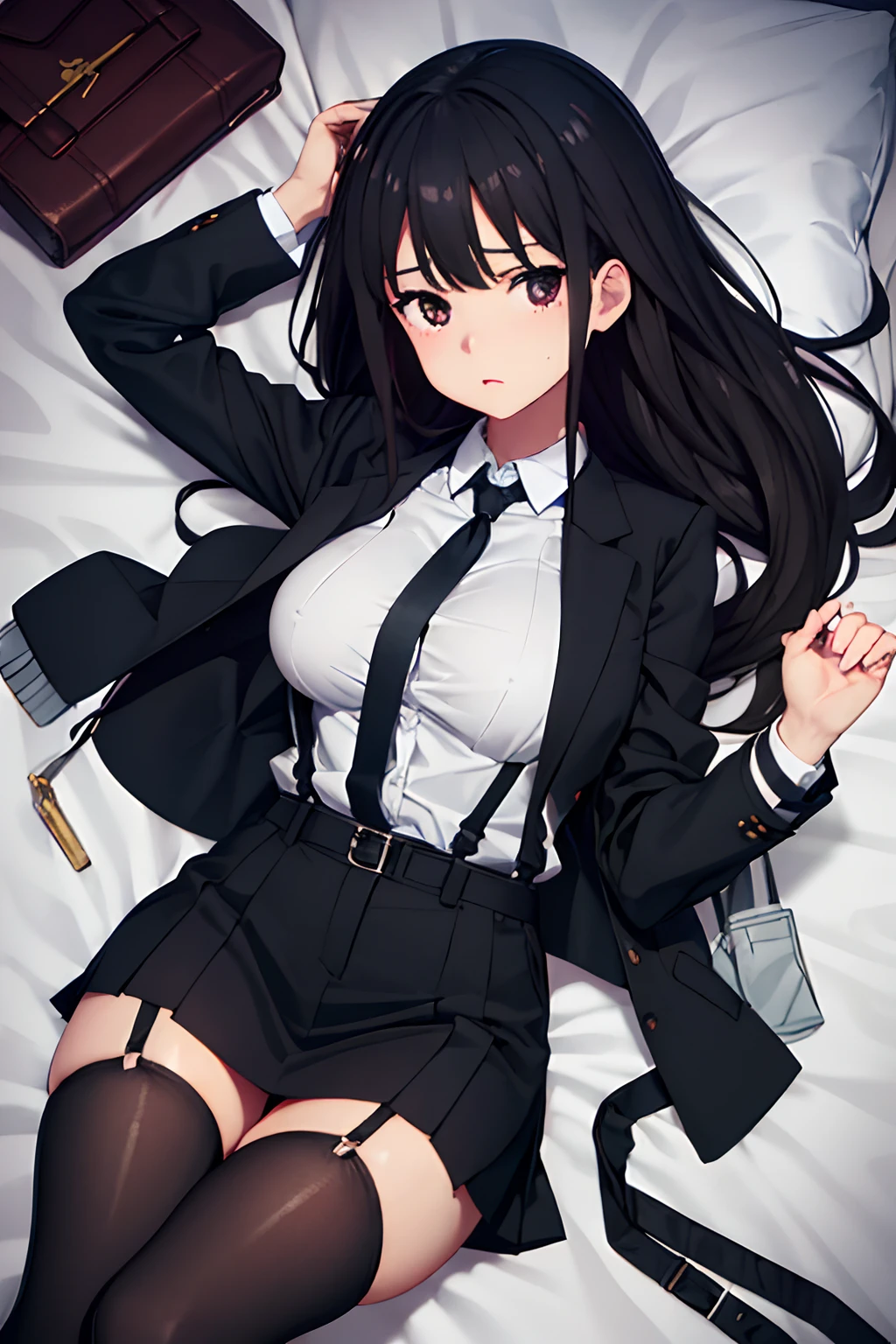 Suit,Collared shirt,Belt bag,Suspenders Black Miniskirt garterbelts knee high Stockings Black Niso Colorcon armpit sweat perspiring Side of both hands,Black jacket,Gaze,ample bosom,Armpit sweat,Exposing the armpits"Tight clothes、Raise your hands、wristbands Lying in bed Behind the back