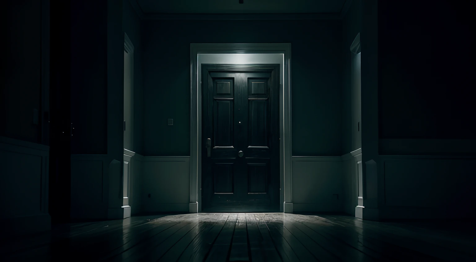 The dark room has white walls. The air is still and quiet, and there is an eerie feeling of emptiness that fills the space. Despite the absence of any light source, there is an eerily bright glow that fills the room. In the center of the room stands a singular solitary closed door that seems to beckon you to enter. The room seems to be a limbo between dimensions, a place of neither light nor darkness, and you feel a sense of unease as you look around. There is something ominous and foreboding about the space, yet there is also a sense of curiousity that draws you towards the door. It seems as though this is a place where time and space have no meaning, and the only thing that exists here is the door that leads into the unknown.