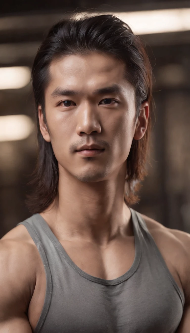Asian men's gym wears a full tank top , musculous, Height 190 cm, Handsome face blemish, long hair, (Draw eye details), (hentail realism)
