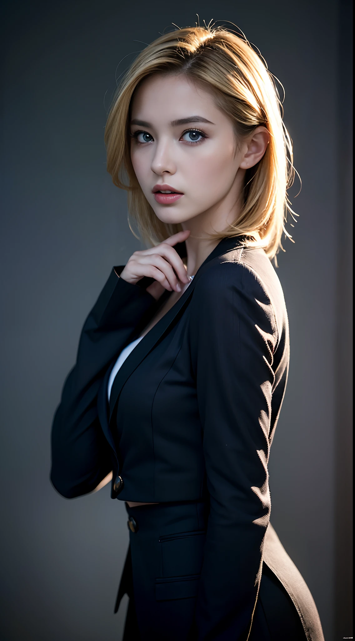 Best quality, masterpiece, ultra high res, (photorealistic:1.4), raw photo, 1girl, blonde hair, blue eyes, detailed eyes and face, black suit, dynamic lighting, in the dark, deep shadow, low key, cowboy shot full-lenght body
