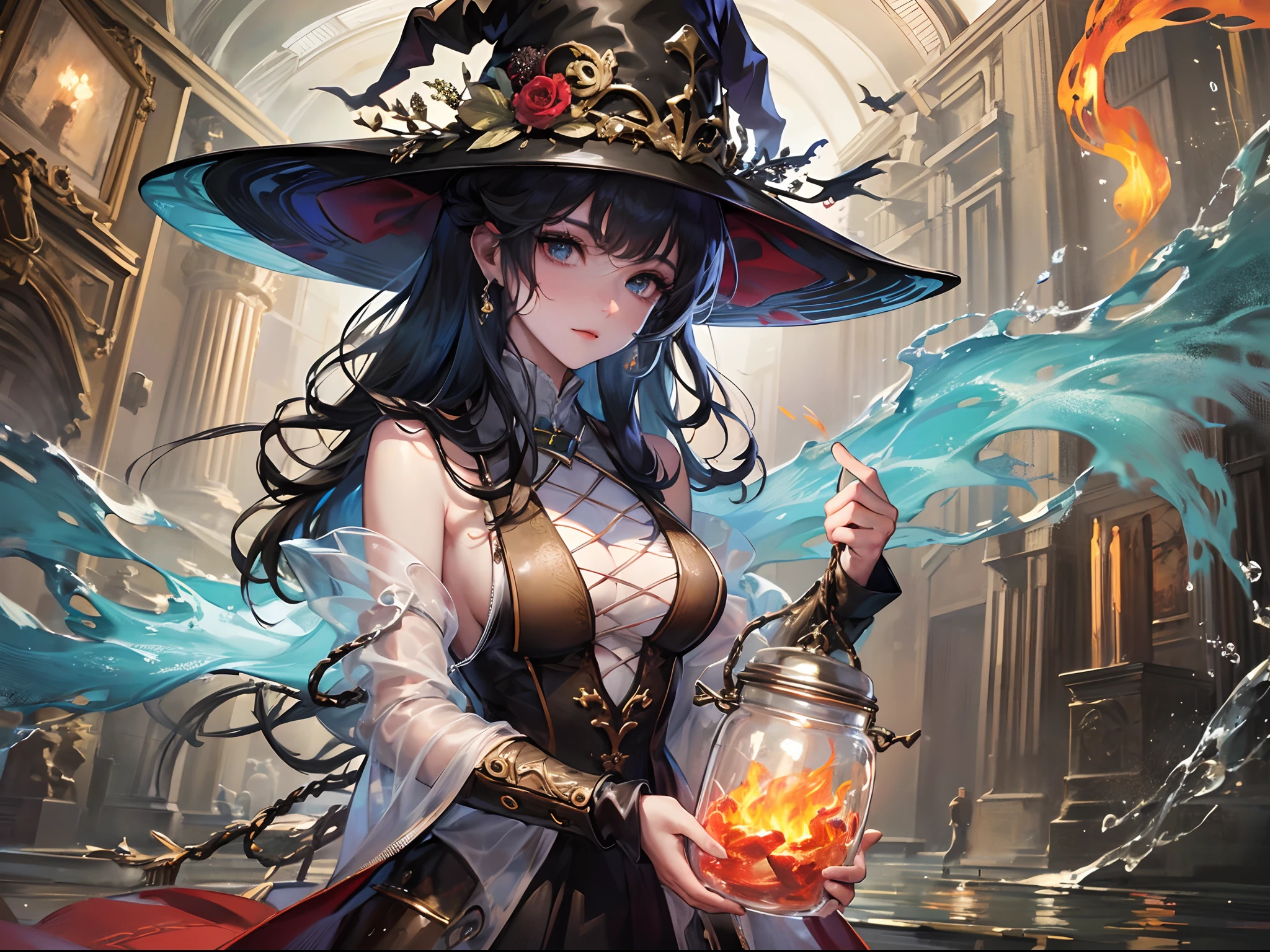 ((Finest quality)),(超A high resolution),(ultra-detailliert),(Meticulous portrayal),((Best CG)),(Finest works of art),Ultra-Precision Art,The art of astounding depiction, (Fire and water trapped in a jar:1.5) ,(1人の女性:1.5),A benevolent look:1.5:ssmile:1.3, Witch's Cauldron,Renseidai