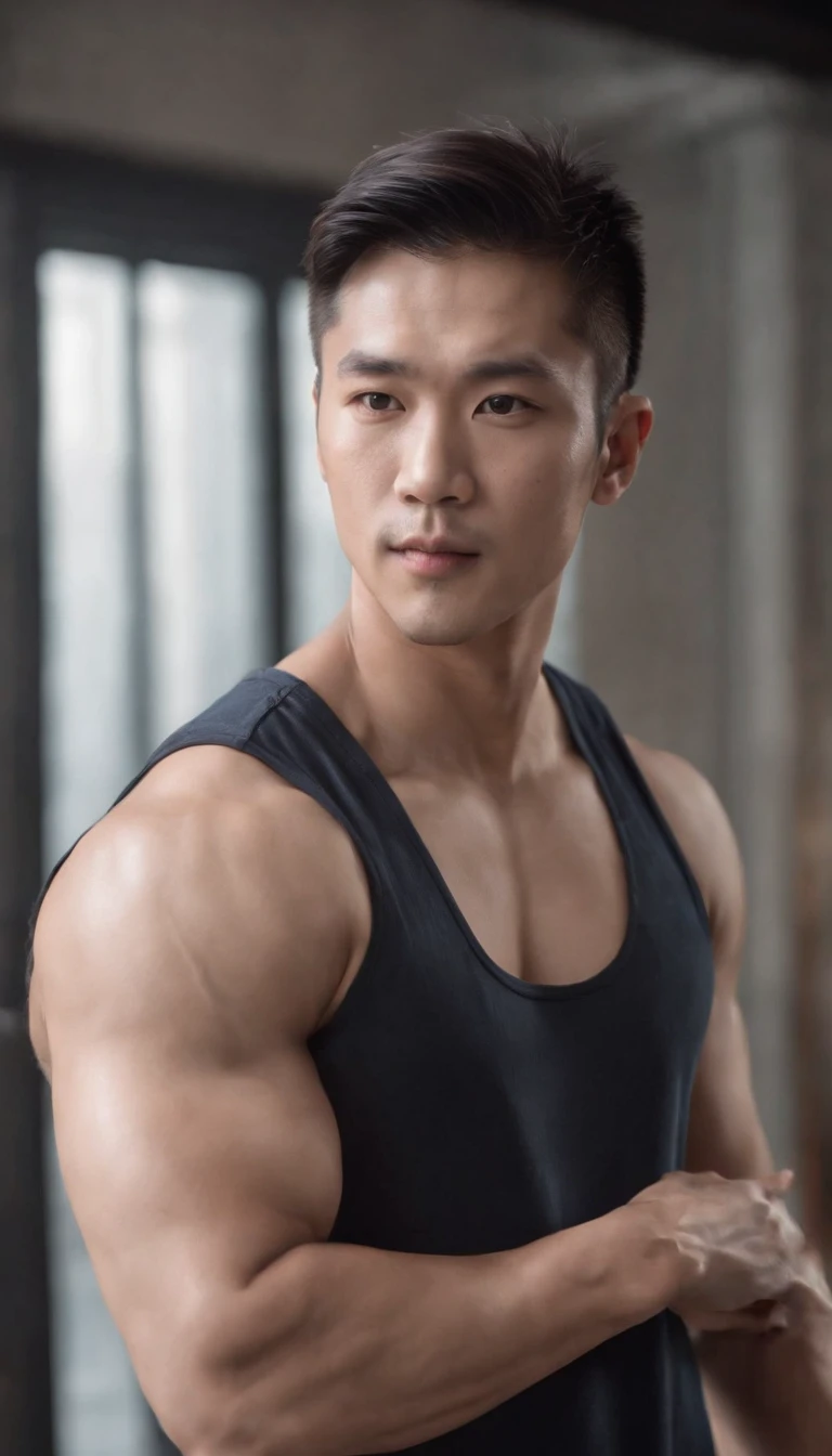 Asian men's gym wears a full tank top , musculous, Height 190 cm, Handsome face blemish, business long hair cut, (Draw eye details), (hentail realism)