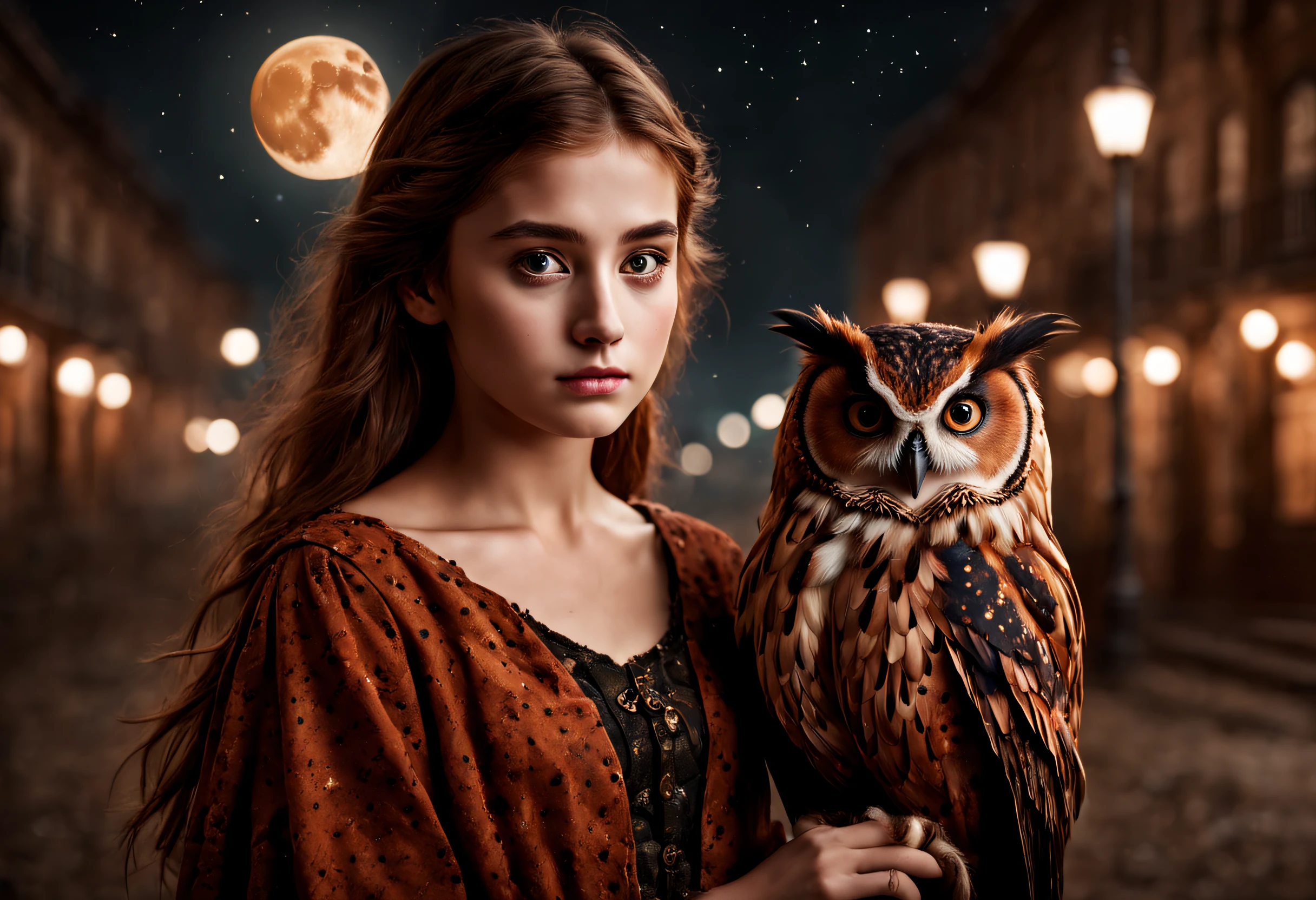 "RAW photo, best, masterpiece, best quality, high quality, extremely detailed, a girl with a rust brown owl with black spots above her shoulder, it is a night with a crescent moon, stars in the sky, cinematic color, scene of a movie, intricate details, best quality, very realistic."