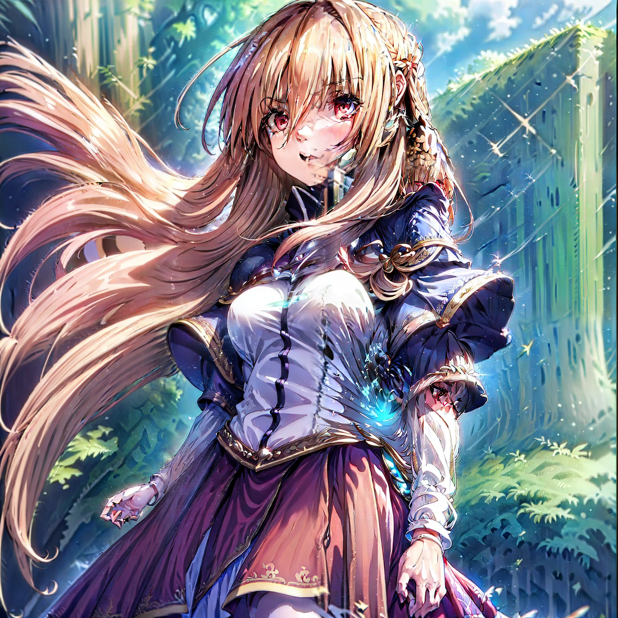 (masutepiece, Best Quality:1.2), Extremely detailed, detailed hairs, Soft skin,

1girl in, Solo, Upper body,

Blonde hair, Long hair, High Ponytail, Long ponytail,

Red Eyes, long eyelashes, thick eyelashes, Looking at Viewer,

Red dress, backless dress, ornate dress, Puffy skirt, Long skirt, Puffy sleeves, juliet sleeves, Long sleeves,

,

Black background,