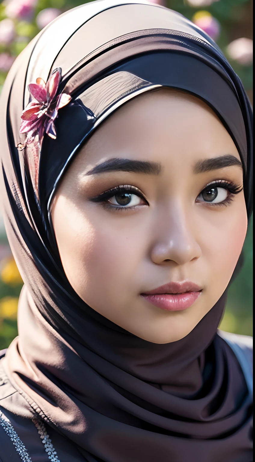 1 malay girl , modern plain hijab, shy, medium portrait shot , watery eyes ,lip watery, lip glossy, open mounth, bad face, ((big breast)),(full body) , (wear in an autumn outfit ) , flower garden background, bokeh background, proportional body,