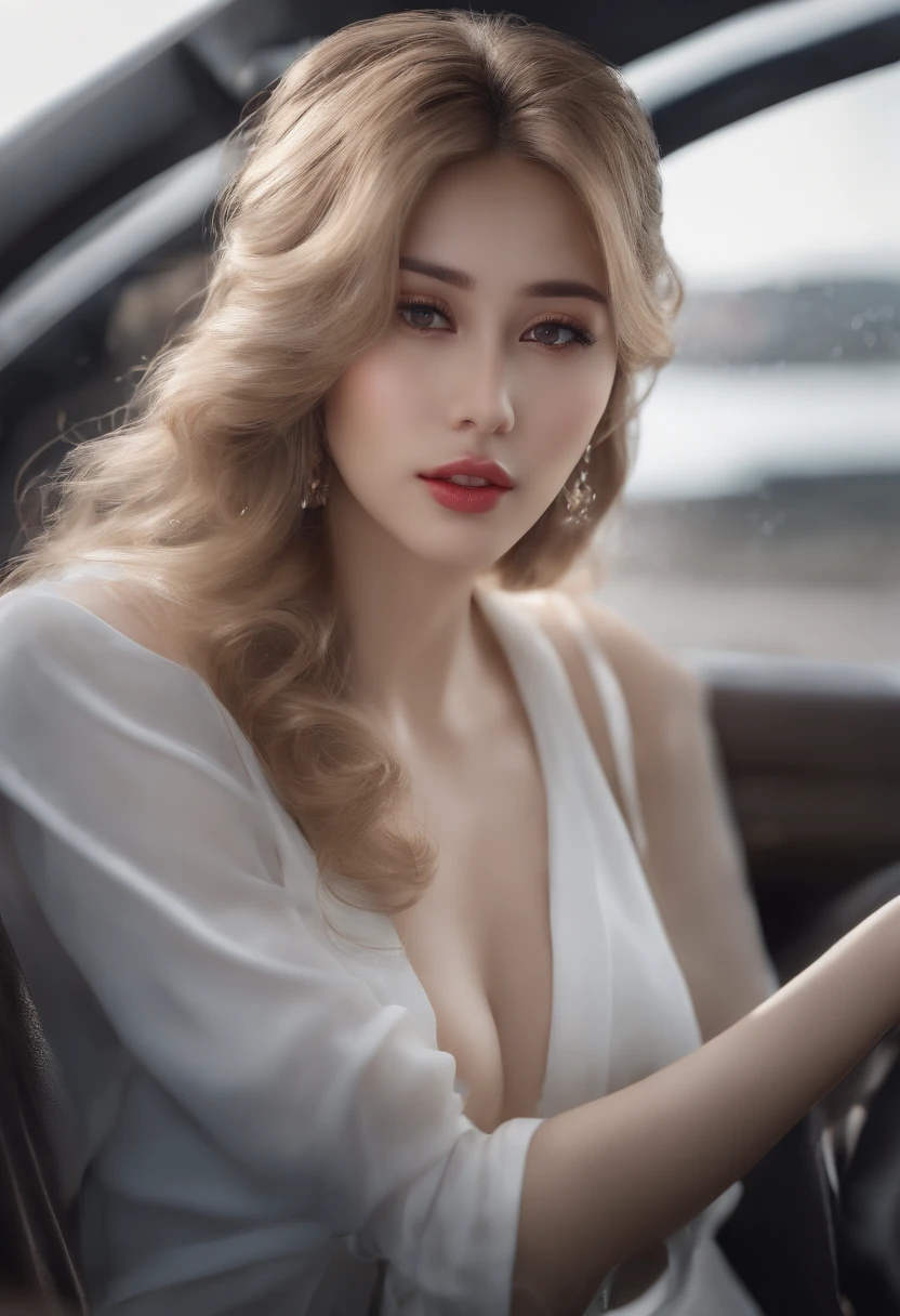 ((Best Quality, 8K, Masterpiece: 1.3)), Sharp: 1.2, Perfect Body Beauty: 1.4, Slim Abs: 1.2, ((Layered Hairstyle, Big Breasts: 1.2)), (Wet White Button Long Shirt: 1.1), (Rain, Street: 1.2), Wet: 1.5, Highly detailed face and skin texture, detailed eyes, double eyelids, side face looking at the camera