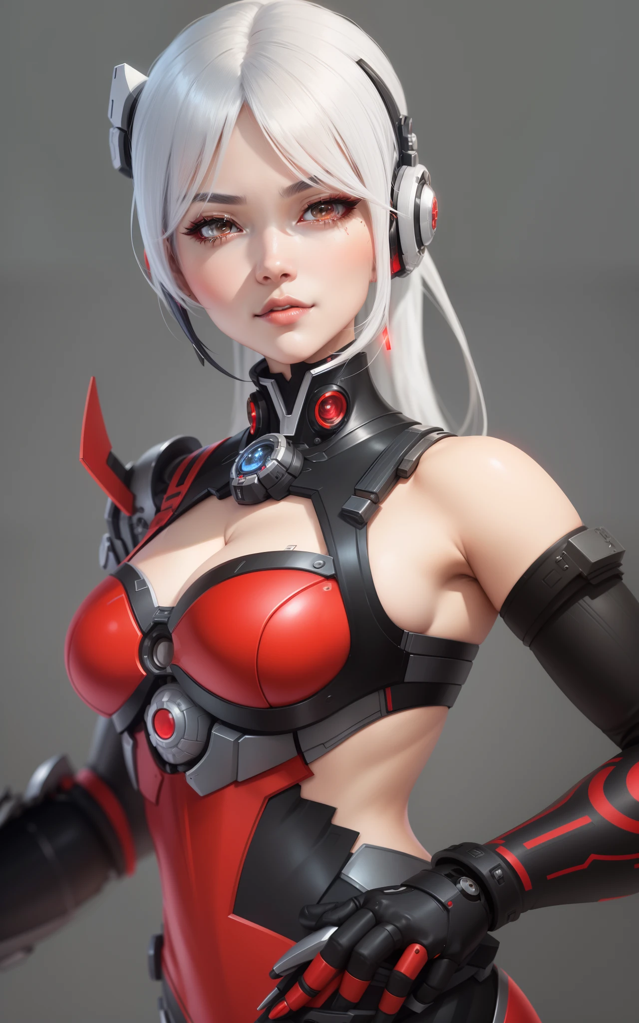 a close up of a woman in a red and black outfit, cyborg - girl with silver hair, Cute cyborg girl, perfect android girl, Biomechanical OPPAI, Extremely detailed Artgerm, cyborg merchant girl, Cyborg girl, IG model | Art germ, G Liulian art style, echo from overwatch, Armor Girl