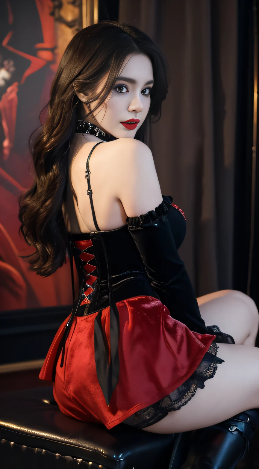 1young girl, realistic, wearing a corset-style top paired ,(Velvet Mini Skirt), Seductive Vampire Queen, (spooky Halloween decorated house:1.1), lace gloves, choker necklaces, smoky makeup, and red lipstick. (best quality, 4k, highres, masterpiece:1.2), ultra-detailed, photo-realistic:1.37, HDR, studio lighting, extreme detail description, professional, vivid colors, bokeh, portraits, horror, gothic, dark color palette, dramatic lighting, mix4, (big breasts:1.2),(vampire fangs), (sitting),(look at the viewer),(Taken from behind),(WindyUpskirt:1.3)