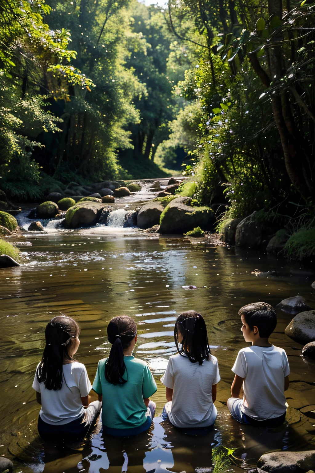 12 year old girl standing in a river in the Amazon rainforest, distant photo