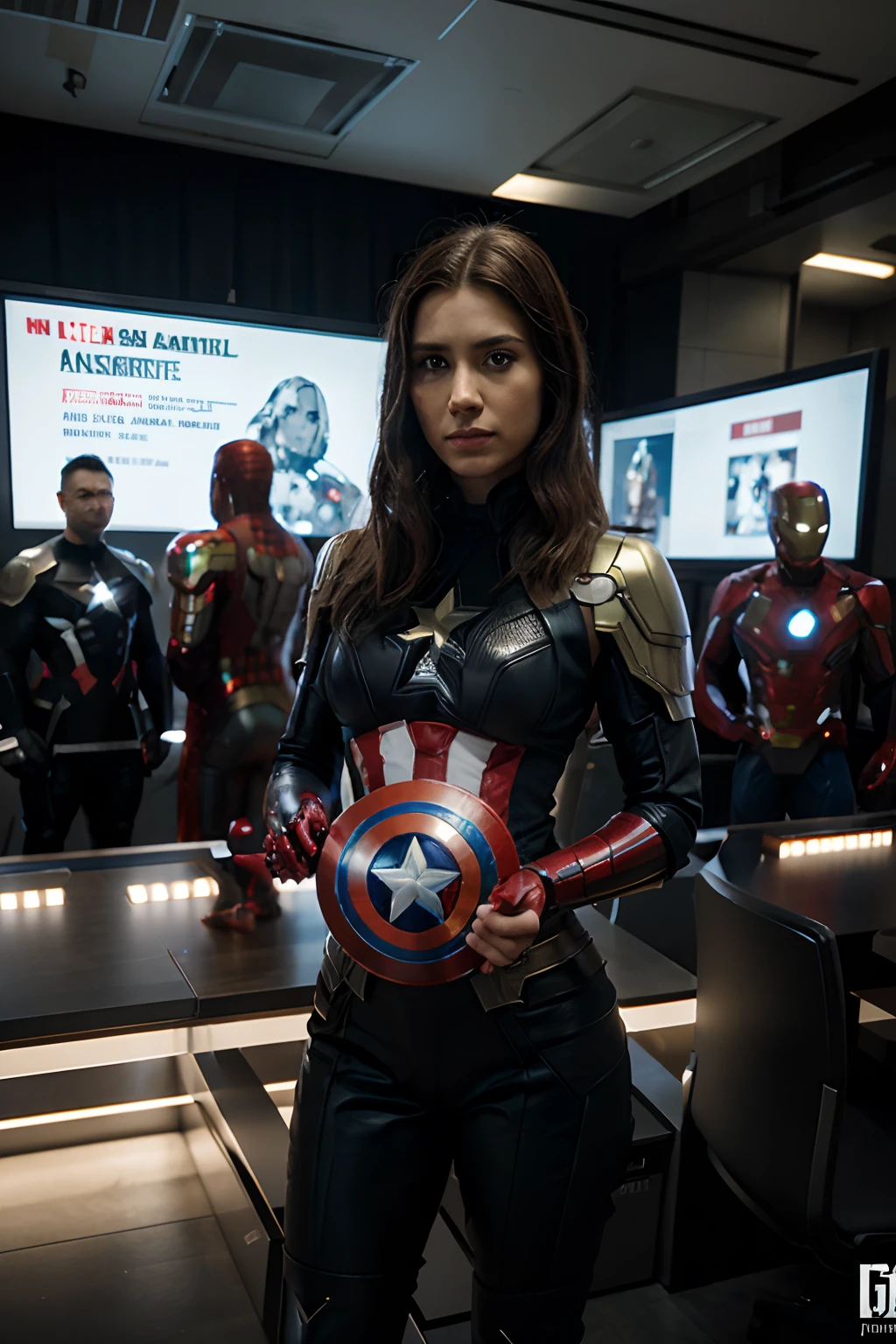 Group of Avengers Marvel heroes as futuristic and alternative versions with hi-tech military technology