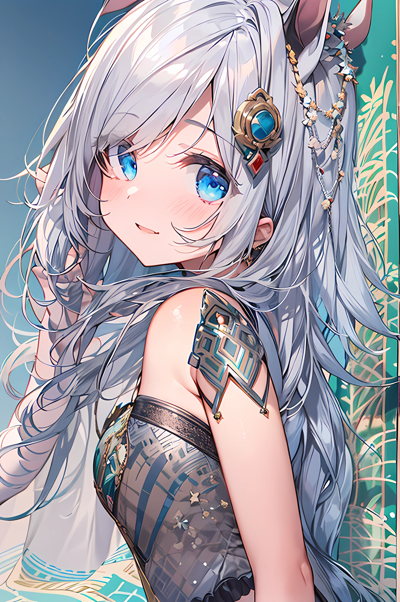 (masterpiece, best quality), super high resolution, (Top Quality photorealistic Illustration), (Super Definition), (cute illustration:1.3), (high saturation:1.3), extremely detailed, detailed background, cinematic lighting, (an extremely delicate and beautiful), (nice hands, perfect hands), (appropriate posture), (appropriate configuration), ideal ratio body proportions,
((1girl)), solo, (stretching:1.3), (in the gymnasium), sunlight, beautiful lighting,
BREAK
beautiful girl, 18 years old, beautiful detailed blue eyes, silver medium bob hair, medium breasts, (serious),
((wearing Moroccan Caftan)), (hair ornament), (black thighhighs), (wearing silver horse ears and silver horse tail:1.3)