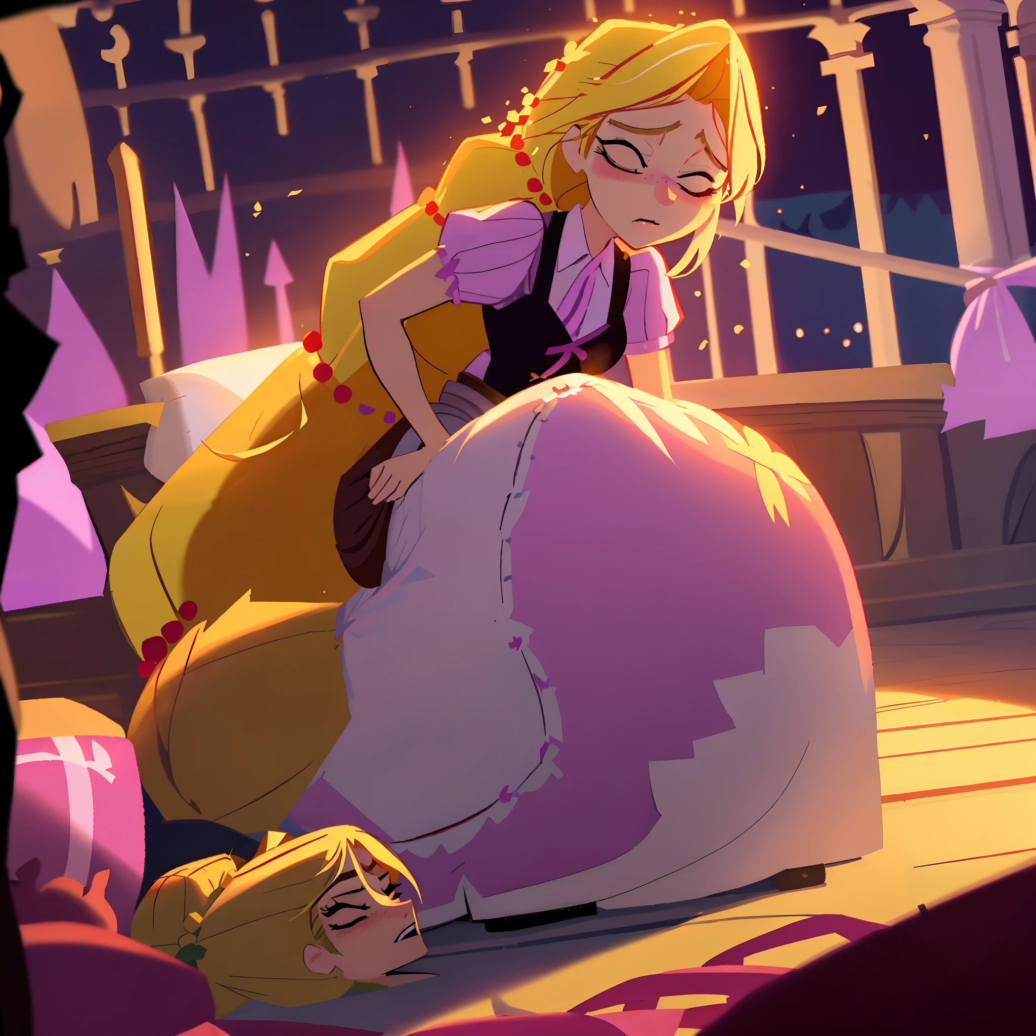 Rapunzel has been kidnapped and beaten by thugs. After beating her into a comatose state, Rapunzel has thrown on a pillow and in extreme pain. She is in a dire situation.