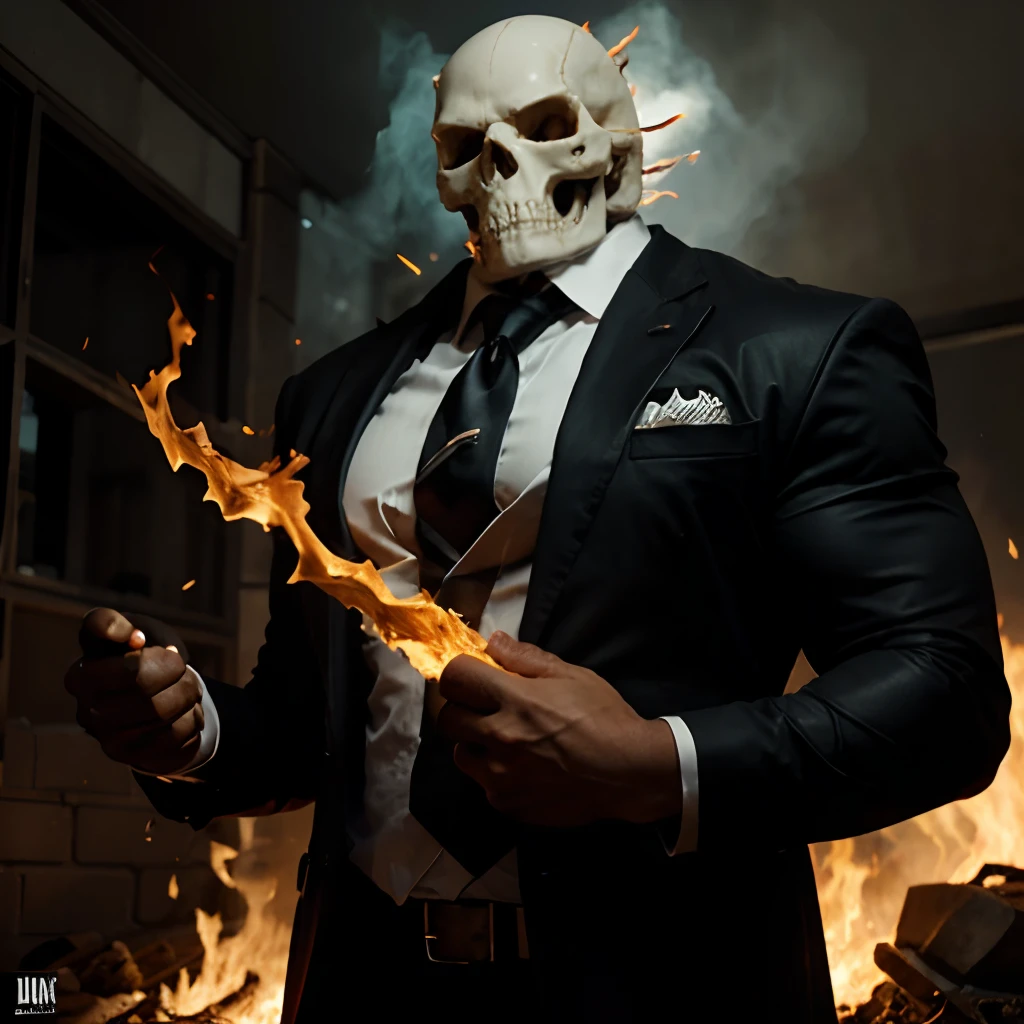 Ghost rider , muscled with huge pecs , hugge torso , huge arms , with a skull head like with fire , in suit with a tie ans spikes