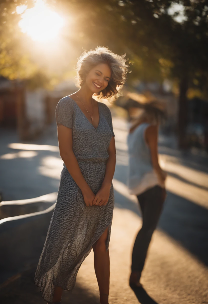 (masutepiece, Best Quality), (Real Photographics, Intricate details), (PM, Sun, Sunny) Road junction, Embrace the sun, The sun hits the body, eyes slightly closed. (1 girl, messy short gray hair, Embrace the sun, Raised chin of a smile, Side face) spreading arms,