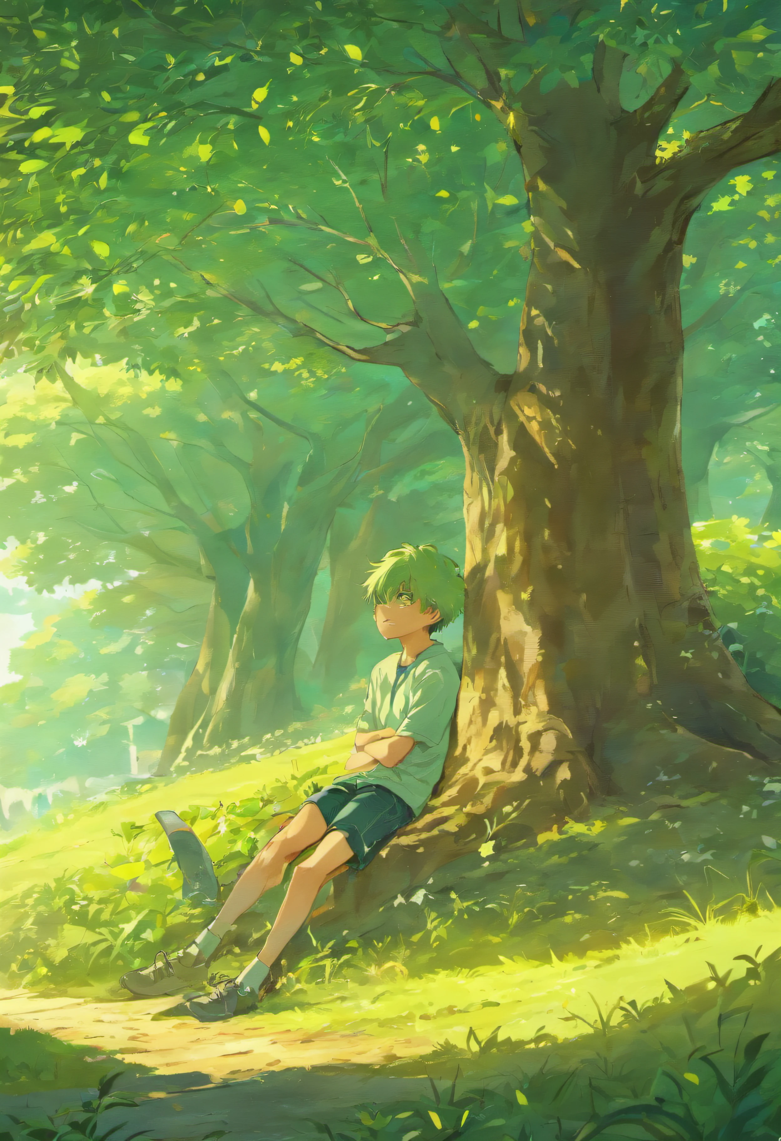 A boy relaxing under a tree