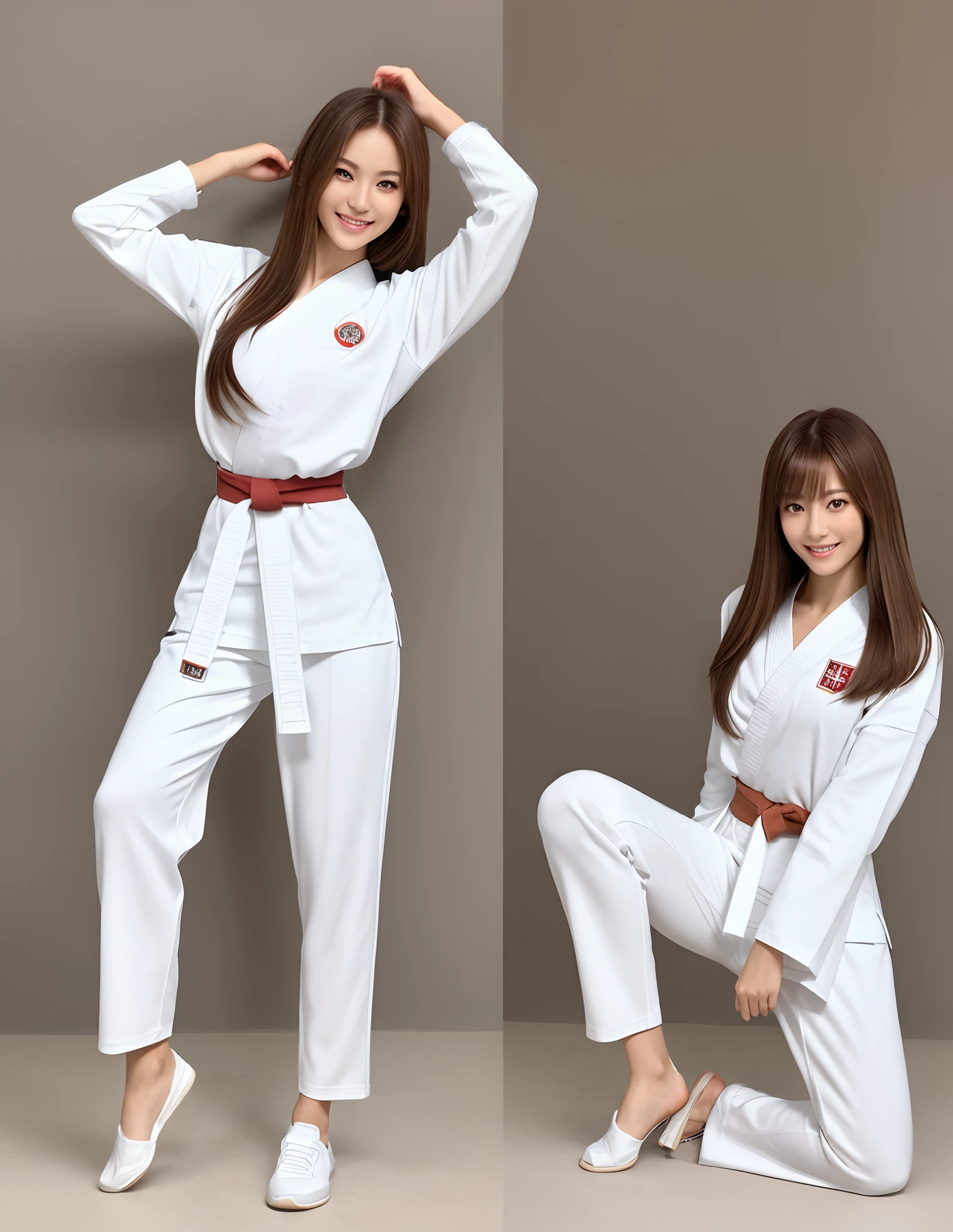 (Photorealsitic)(), Perfectly beautiful woman, (Full body 8K portrait), break dance, Stick out your fist, Large and dynamic hand and foot movements, Correct skeleton, White Karate Uniform, White karate pants, Large bust, Perfect facial detail, (Smile: 1.15), attractive beautiful face, gazing at viewer, a small face, 二重まぶた, Beautiful detailed eyes, long eyeslashes, ligh brown hair, Hairstyle is bob style, Toned waist, large full breasts, Beautiful thin legs, toned ankles, bare-legged ,TOKYOcty