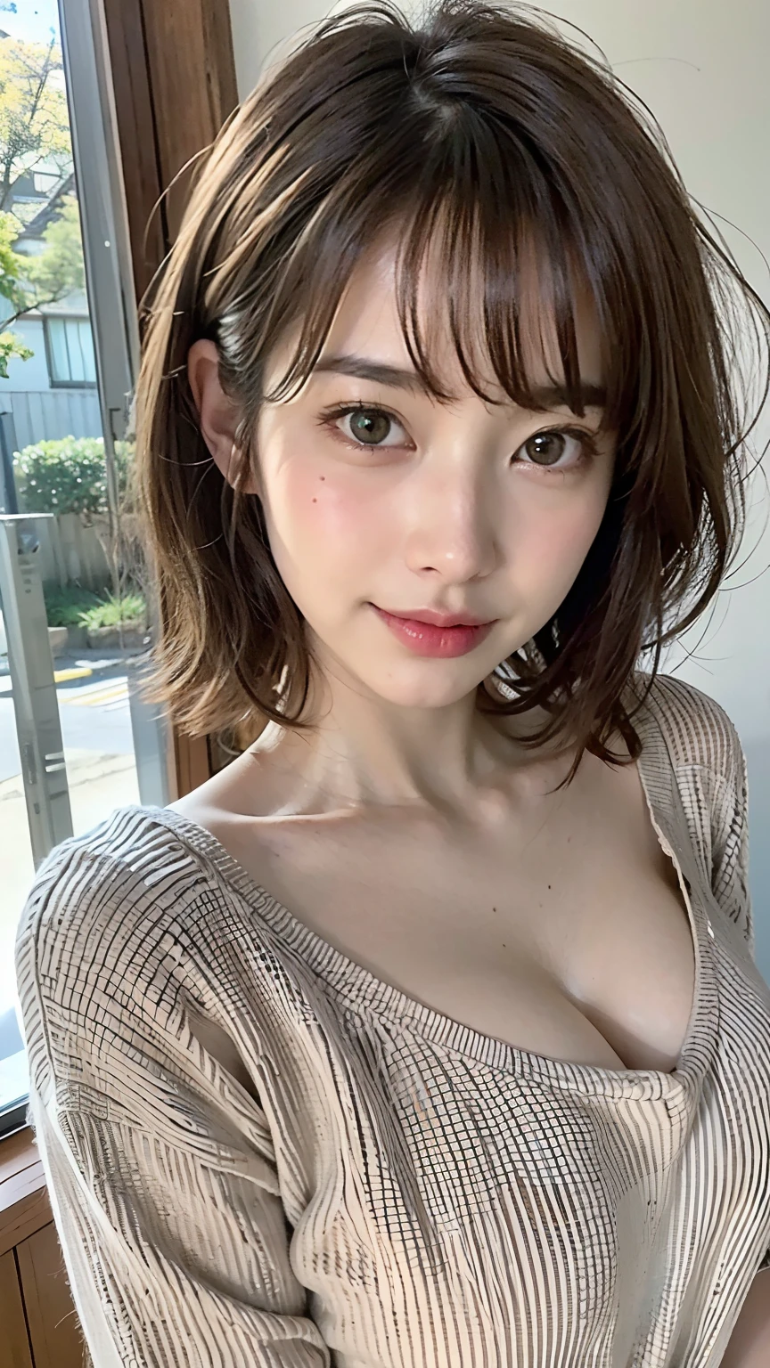 (masterpiece:1.3), (8K, Photorealsitic, Raw photography, Top image quality: 1.4), Japan high school girls、(Random hairstyles:1.2)、cleavage of the breast:1.2、Super Detail Face、Eye of Detail、二重まぶた、Bring your chest together、foco nítido:1.2、prety woman:1.4、light brown hair、top-quality、masterpiece、超A high resolution、(Photorealsitic:1.4)、Highly detailed and professional lighting smile、Loose and light black knitwear、Shoulder out、slender、serious facial expression、short-haired、Fatal position