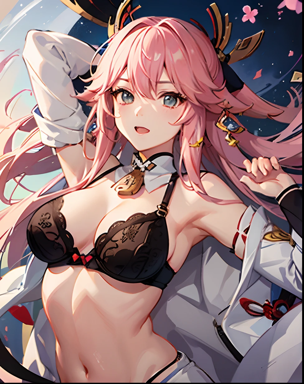 Genshin impact,yae Miko genshin impact,high quality, medium boobs,black underwear,white pants, high detailed,((hd,4K))
