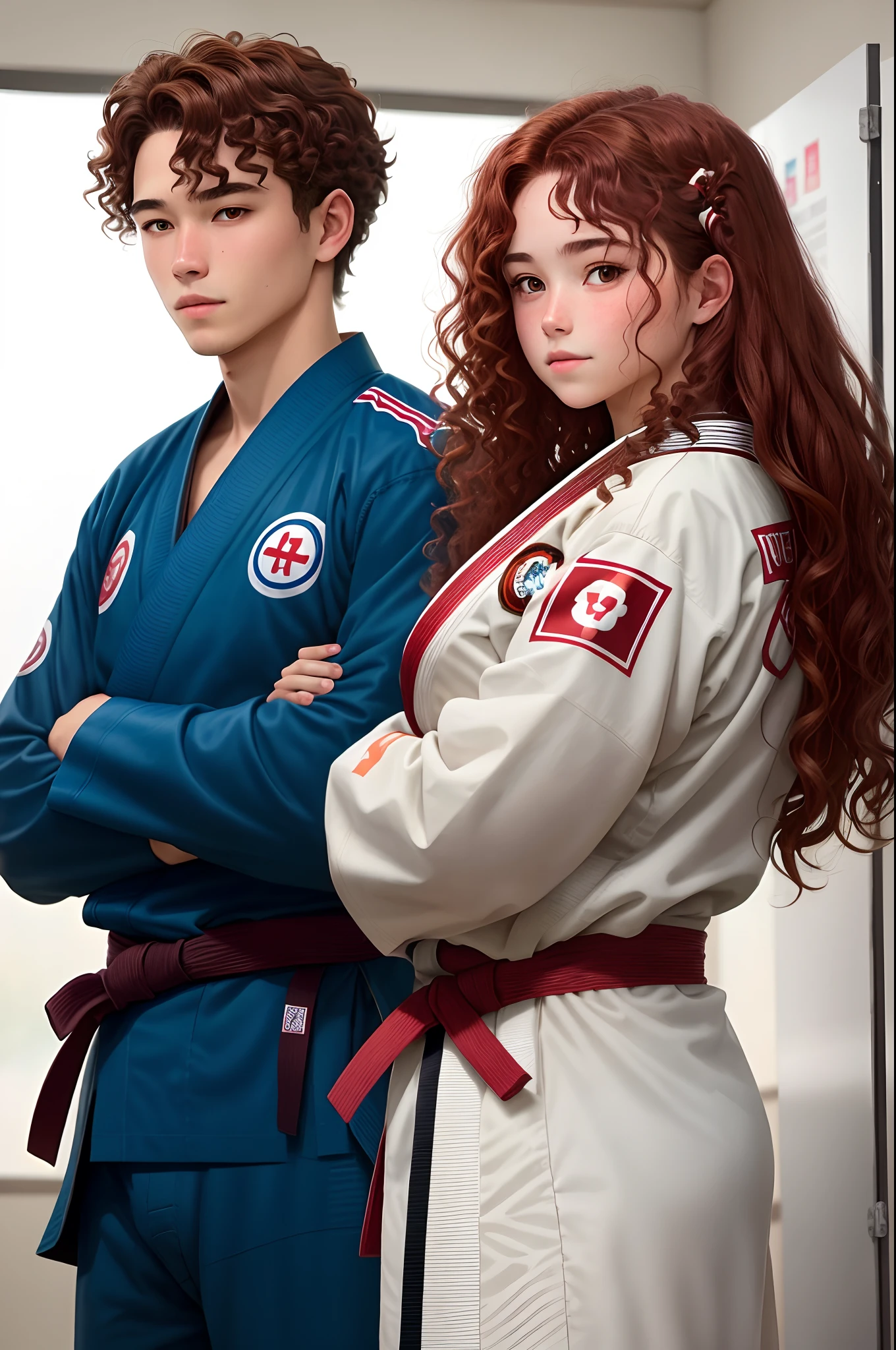  girl with dark red wavy hair or curly long hair wearing jiu-jitsu kimono 
18-year-old boy in jiu-jitsu gi with short brown hair  
The two are sweethearts and are at a jiu-jitsu academy of theirs under the name Martins