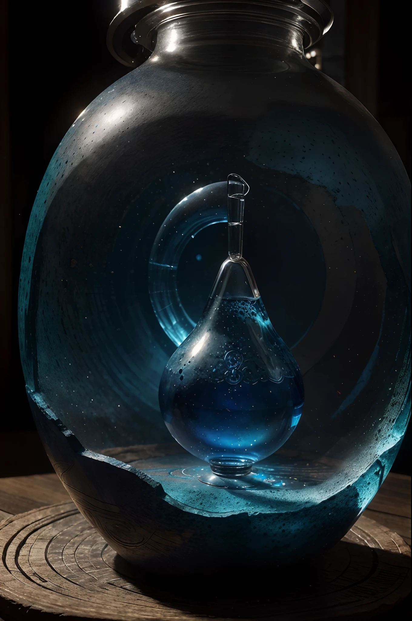 a blue color potion is on a wooden table. the potion bottle look like pear shaped flask. mystery smoke is in the surrounding , some books are on the table ,An enigmatic mist, evocative of the ethereal unknown, adds depth to the sense of foretelling mysteries.The Psychic Vision Serum is enclosed in an indigo vial with an ornate, crescent-shaped stopper, placed within an elaborate, mystical circle etched onto a stone surface. Celestial murals, painted in luminescent pigments, adorn the chamber, resonating with cosmic symbols and mysterious visions. An enigmatic mist, evocative of the ethereal unknown, adds depth to the sense of foretelling mysteries.