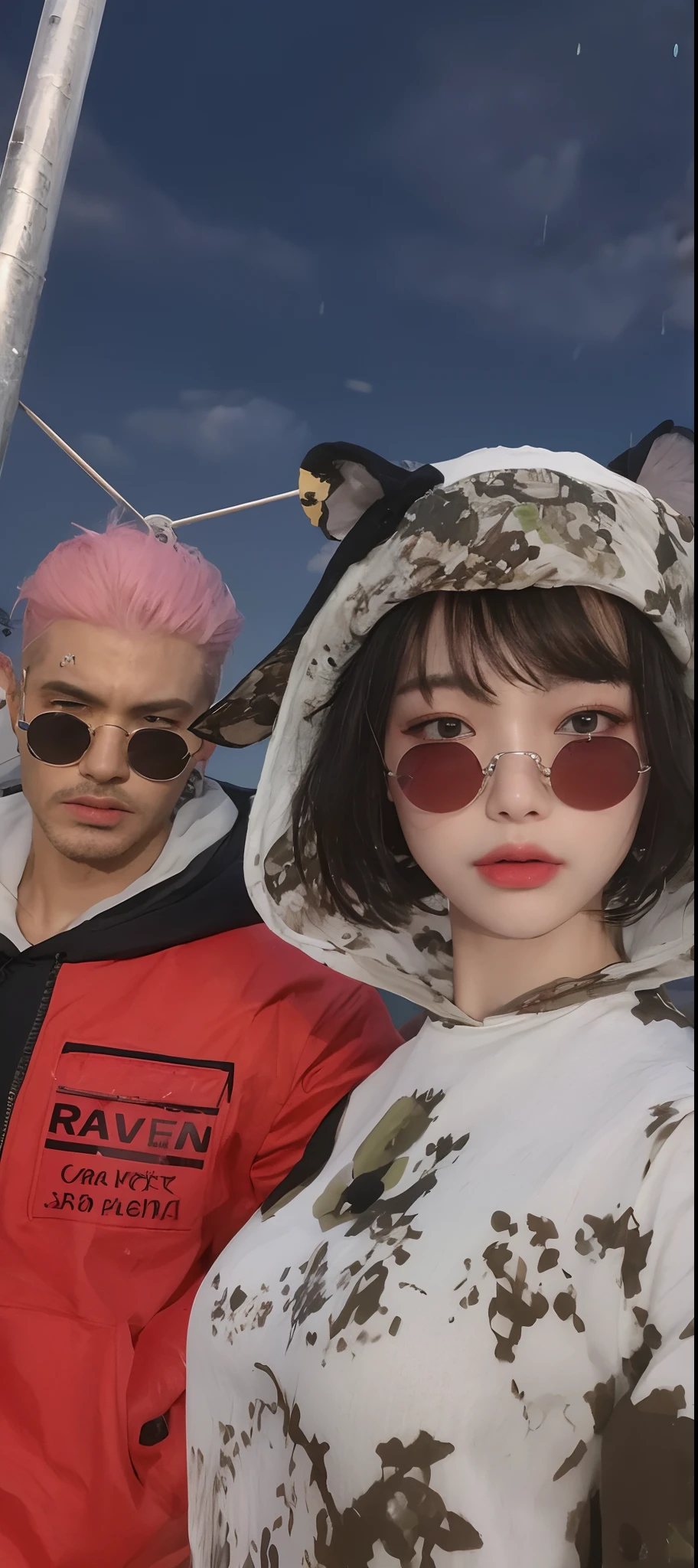 ((Best Quality, 8K, Masterpiece: 1.3)), Sharp: 1.2, Perfect Body Beauty: 1.4, Slim Abs: 1.2, ((Layered Hairstyle, Big Breasts: 1.2)), (Wet White Button Long Shirt: 1.1), (Rain, Street: 1.2), Wet: 1.5, Highly detailed face and skin texture, detailed eyes, double eyelids, side face looking at the camera