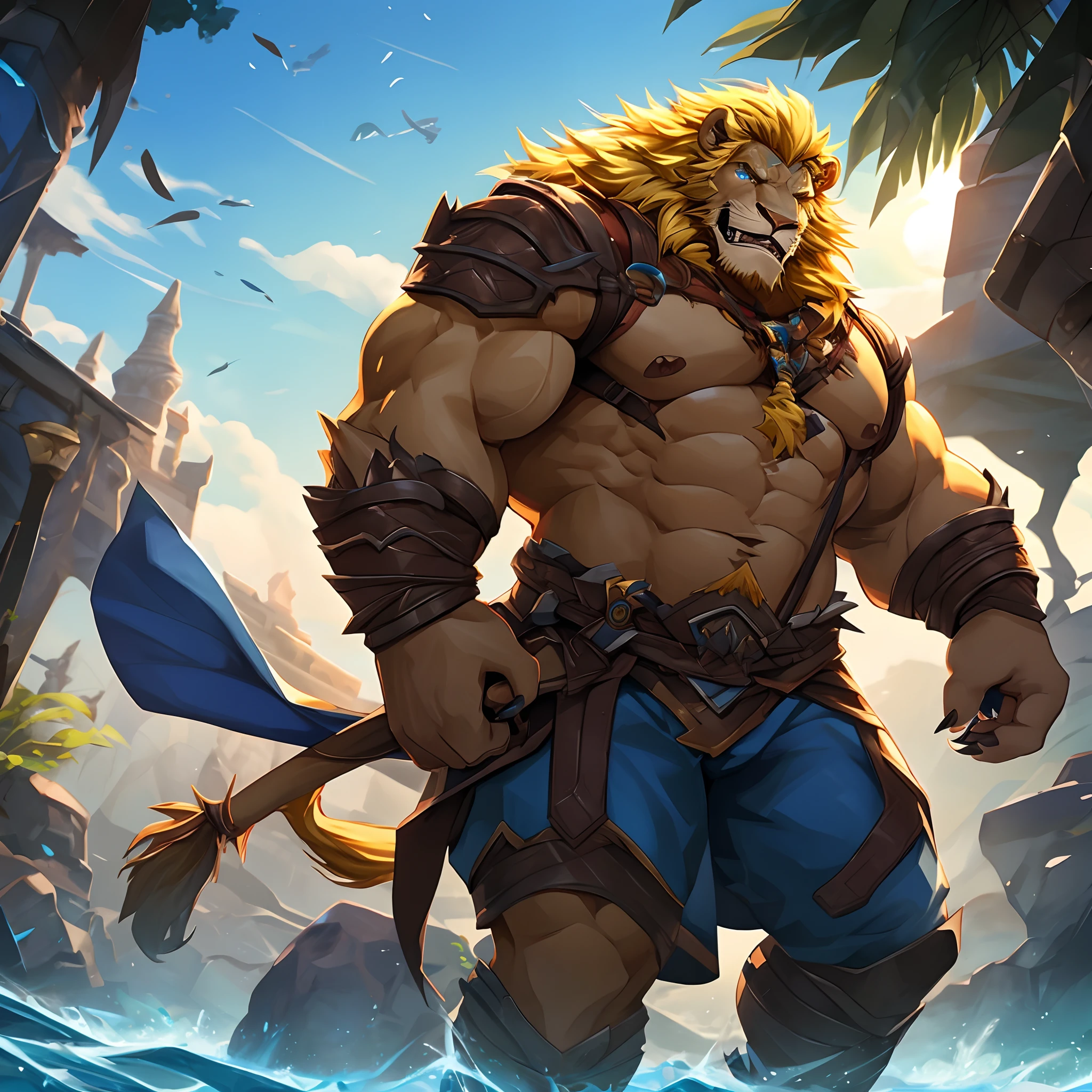 Lion orcs,male people,burly build。Golden hairs cover the whole body。blue color eyes。Long, The teeth and claws are very sharp。