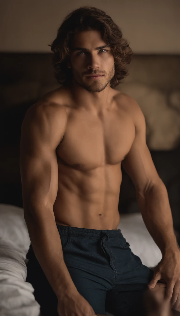 ultra mais alto rosto detalhado,Retrato de um modelo masculino bonito, 18 anos, not shirt, mais nu, sem barba, with dark and messy wavy hair, olhos azuis super claros, pale white skin, olhos claros, olhos brancos, thick lips, Defined muscles, encaixar, corpo rasgado, tiro de corpo inteiro, noite, Darmatic Illumination, luz fraca, cuecas curtas apertadas de boxer, tight underwear, cuecas, Apertado, deitou-se de costas na cama, pernas abertas