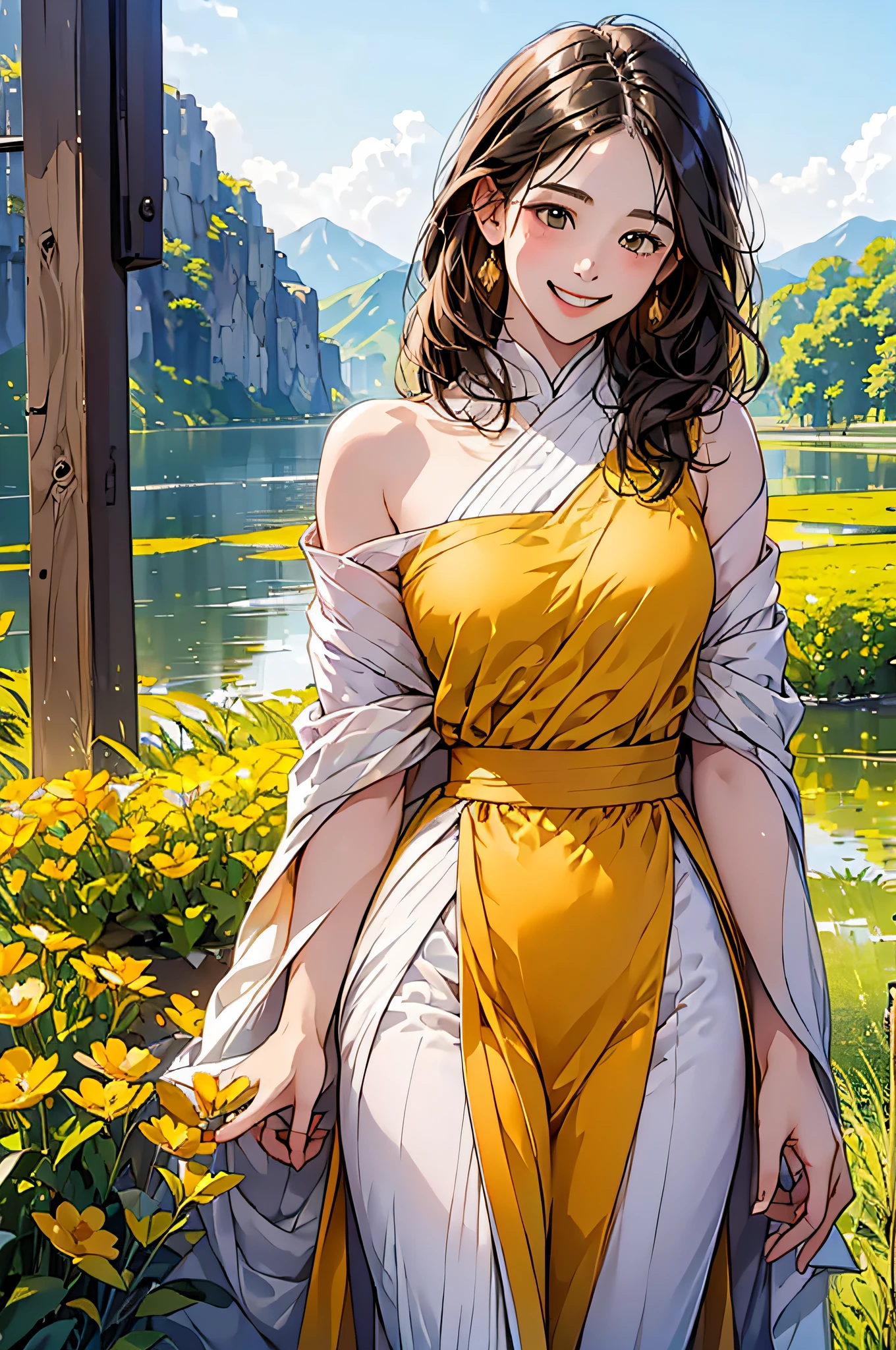 in 8K、top-quality、masterpiece:1.2)、1人の女性、(Smiling smile:1.1)、beautidful eyes、Valley、The upper part of the body、shorth hair、Like a boy、Colossal tits、Yellow View、
