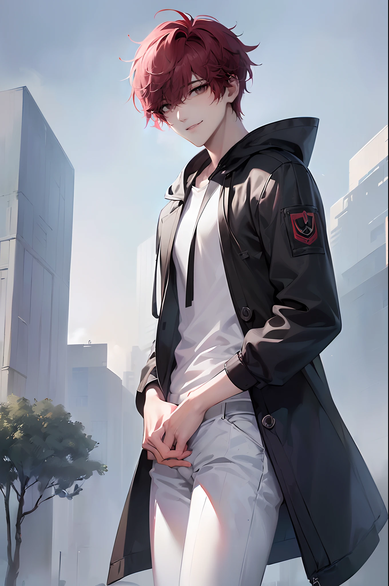 (4K works))、masterpiece、(top-quality)、((Evening city))、((In front of the main gate of the workplace))、((In front of the main gate of the building))、View of the sunset、Korean Male、Adult male、((Adult male 26 years old))、((Face similar to Hyun Jin))、Cool Men、tall、((Gentle smile))、((Strong eyes))、((Wearing a black T-shirt and a white hooded jacket、Wearing long white pants))、((smaller face))、Slim body、((hooligan))、((Red short-haired))、((Shear the hair on the left side))、((Hairstyles that are arranged))、((Black eyes))、((shot from front))、((Shot alone))、((Solo Photography))、((He came to pick me up))、((He stands in front of the main gate of the building))