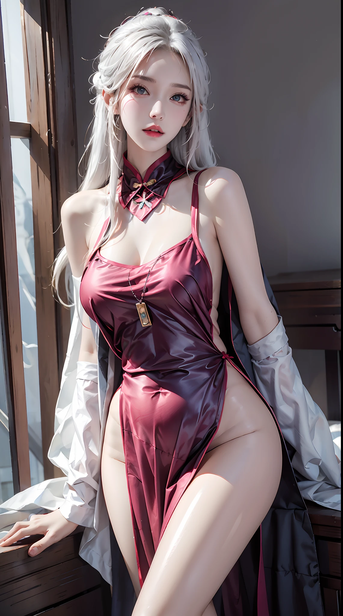 photorealistic, high resolution, 1women, shining skin, solo, jewelry, pink lips, long hair, blue eyes, closed mouth, hips up, cosplay costume, Chinese zombie dress