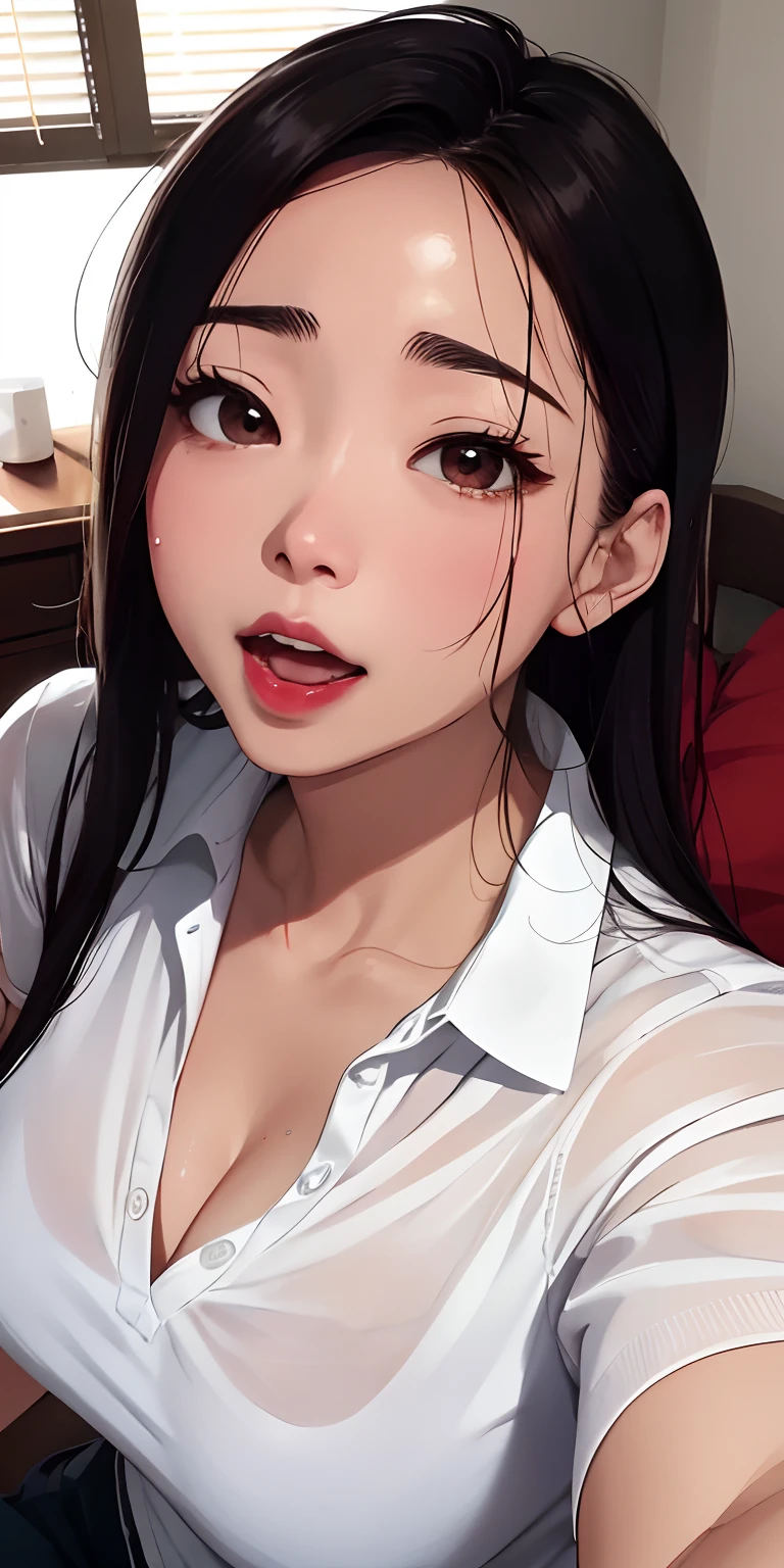 realisticlying、Two 45-year-old girls、Wearing a white polo shirt,Face enhancement,Chest super large zoom,Cleavage emphasis,Looking up from the bottom,Blackening of hair,eyes are brown、darkens the skin,African、Blushing,Red lips,A sexy,Bed sit,Open your mouth wide to the maximum、Banzai、Wearing underwear,Wrinkles between the eyebrows,Sweaty face