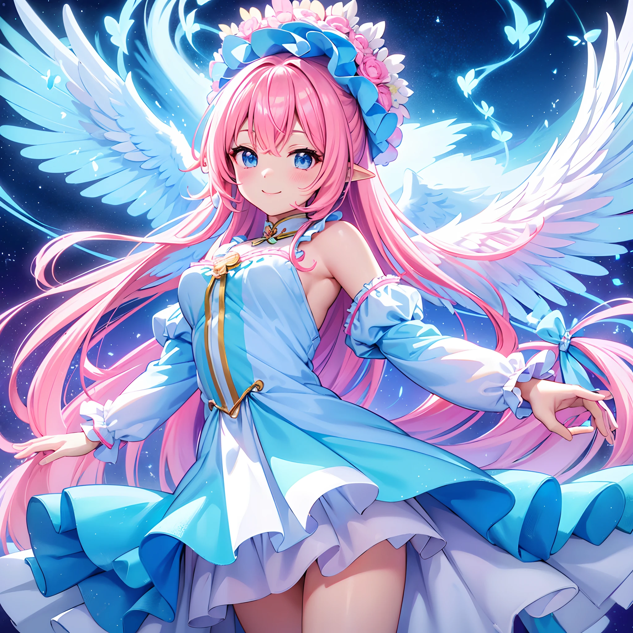 Angel wings shining in seven colors、Kawaii Girl、adorable smiling、Light blue long hair、Twin-tailed、Light pink, green and white angel leotard、Blizzard of flowers fluttering(Some photos)、((top-quality))、((masterpiece))、(ighly detailed、highestdetailed、Official art、Beautifully Aesthetic:1.2)