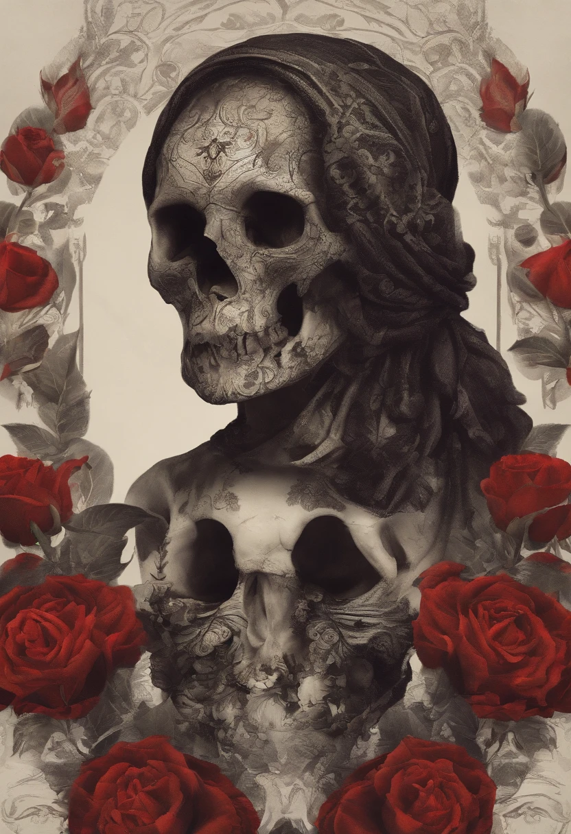 a skull with roses and leaves on its head, skull made of red roses, fantasy skull, arte escura altamente detalhada, sacred skull, 8 k altamente detalhado ❤🔥 🔥 💀 🤖 🚀, death skull, 8k arte detalhada de alta qualidade, Arte digital escura, mas detalhada, adorned with demon skulls, Arte altamente detalhada em 4K, arte digital altamente detalhada, gothic art