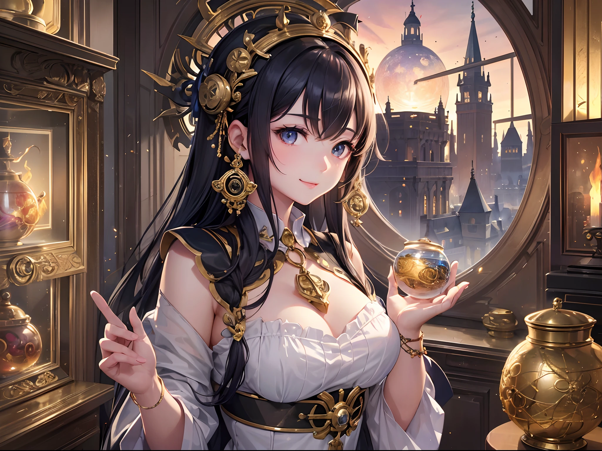 ((Finest quality)),(超A high resolution),(ultra-detailliert),(Meticulous portrayal),((Best CG)),(Finest works of art),Ultra-Precision Art,The art of astounding depiction, (Fire trapped in a jar:1.3),armillary sphere:1.3, (1人の女性:1.5),curiosity:1.5:ssmile:1.3,