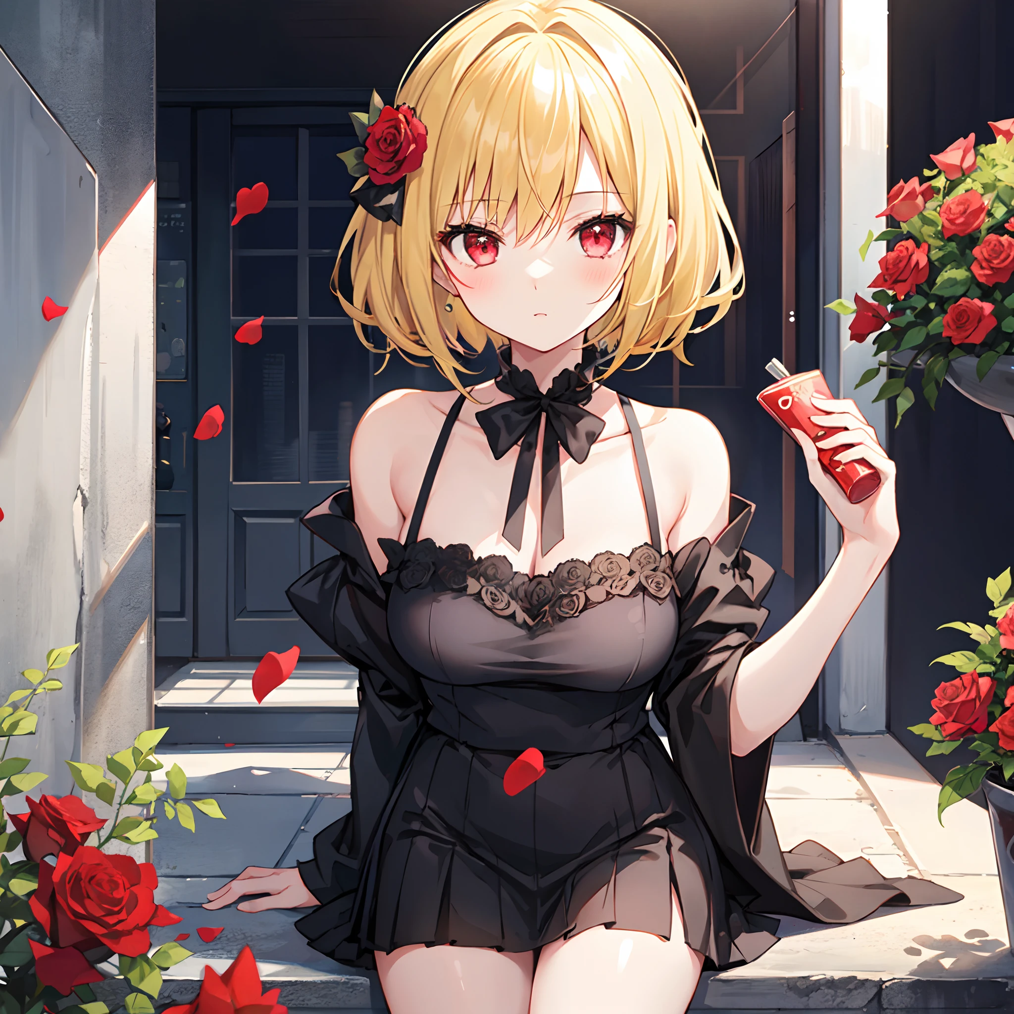 ((Masterpiece)), ((best quality)), (Anime:1.3), (super detail:1.2),(High Definition:1.3), (Professional Photography:1.2), (very aesthetic:1.2), (absurdres:1.2), (sharp focus), (perfect light), (()), ((1girl)), solo, (small breast), look at viewer, (playboy_bunny:1.3), naked shoulder, ((Argyle patterned wall)), clear face, loose blunt bangs, messy hair, short hair, blonde hair, naughty smile, open mouth, high-heeled shoes, (Decorated deep crimson flowers), (Sitting cross-legged at the bar counter),