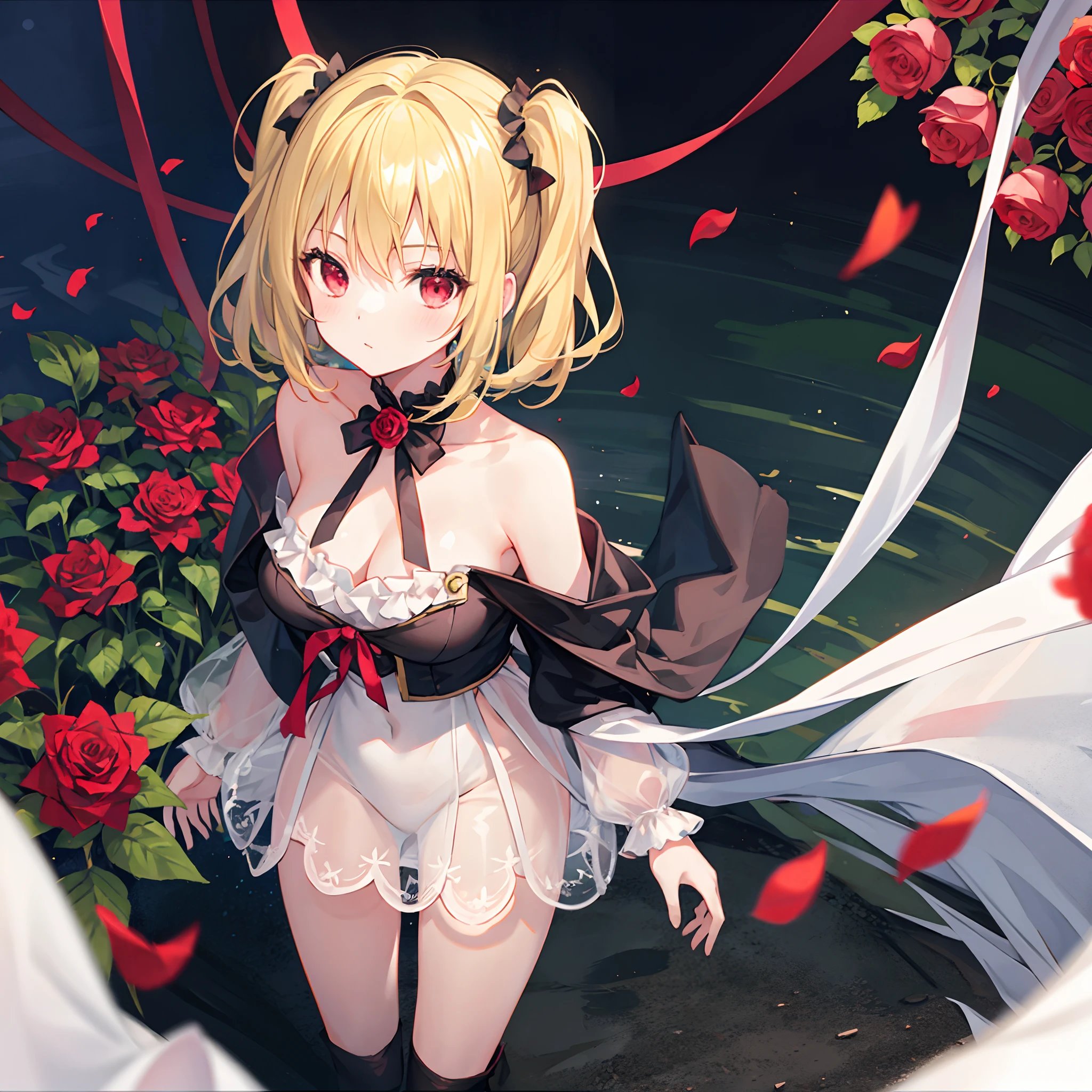 Short wavy blonde hair、Red-eyed girl、独奏、Sitting surrounded by roses、red blush、off shoulders、a miniskirt