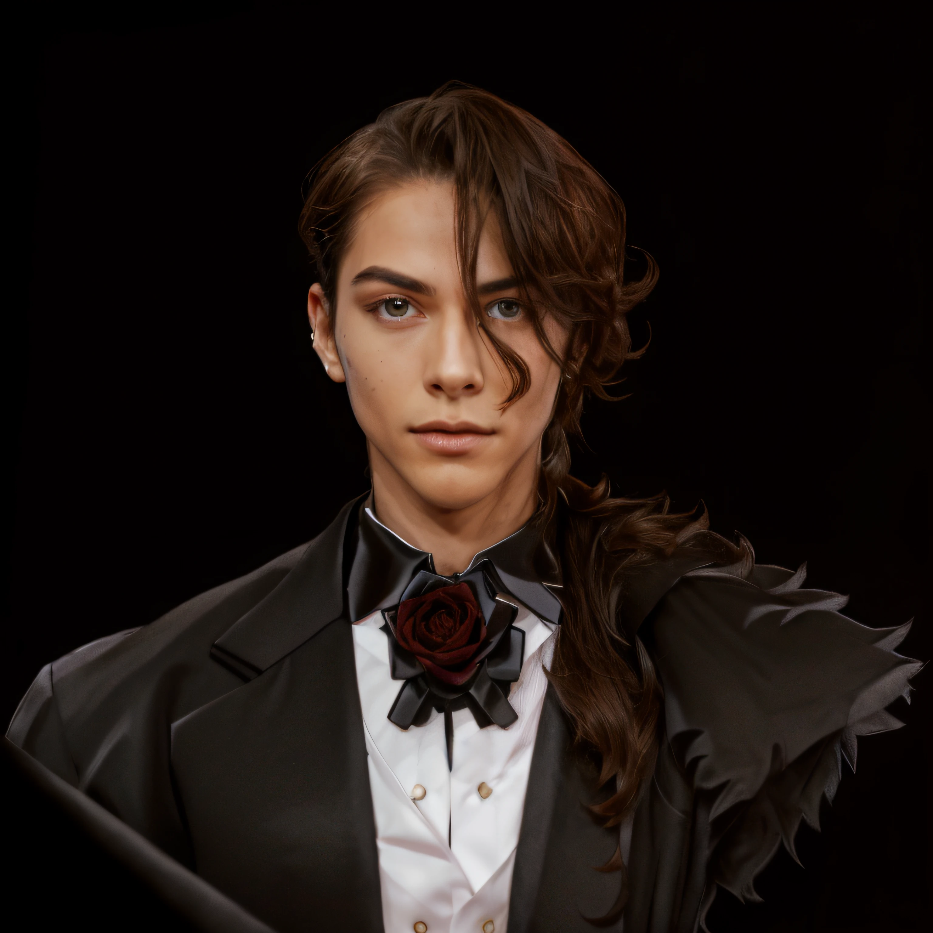 handsome androgynous person, black tuxedo, rose tie, brown hair