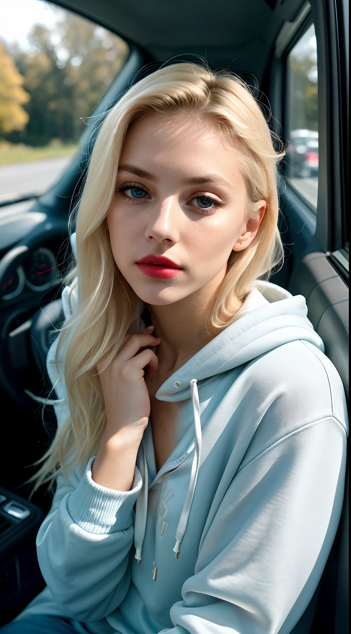 RAW photo, a 22-year-old blonde girl, upper body, selfie in a car, blue hoodie, inside a car, driving, lipstick, soft lighting, high quality, highres, sharp focus, extremely detailed, (sunlight on face), beautiful detailed eyes, masterpiece, cinematic lighting, dslr, Fujifilm XT3, (((film grain)))