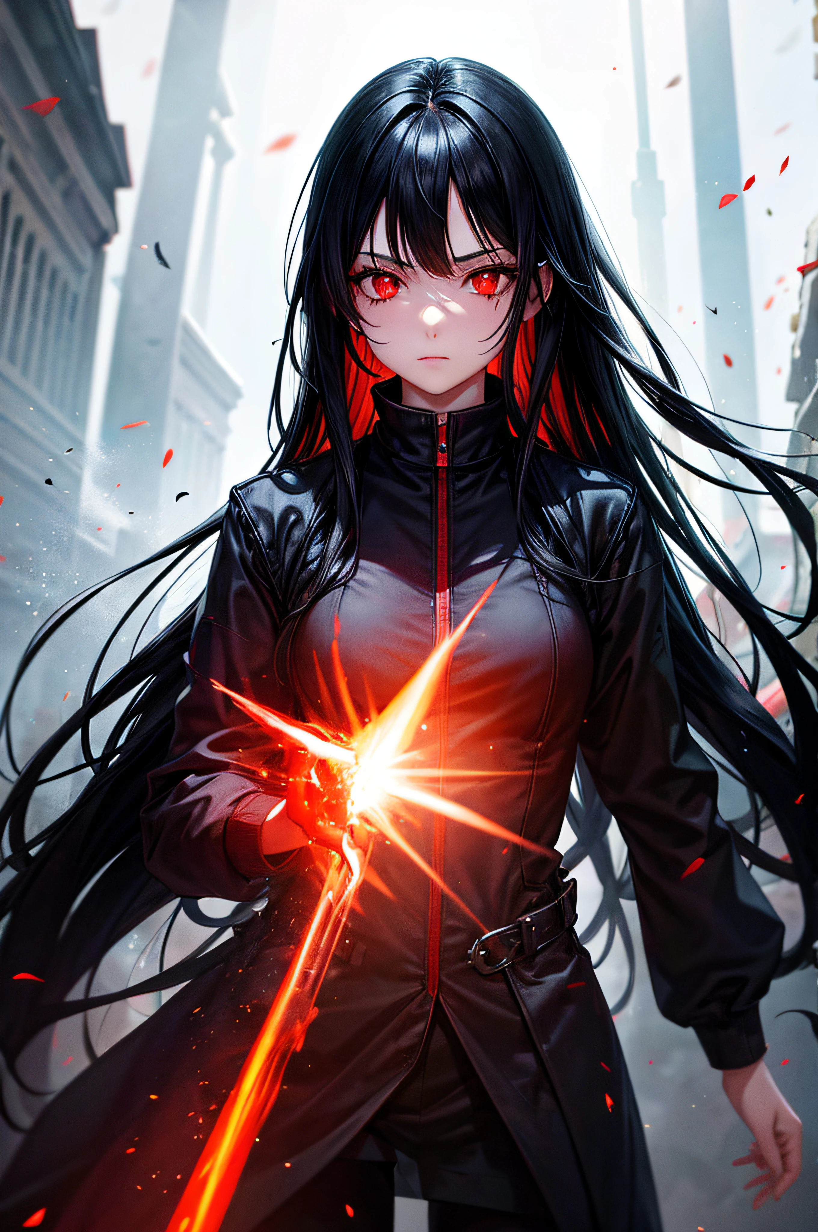 A woman with long black hair and red eyes holding a sword - SeaArt AI
