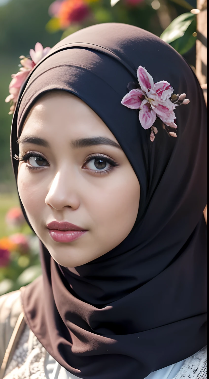 1 malay girl , modern plain hijab, shy, medium portrait shot , watery eyes ,lip watery, lip glossy, open mounth, ((big breast)),(full body) , (wear in an autumn outfit ) , flower garden background, bokeh background, proportional body,