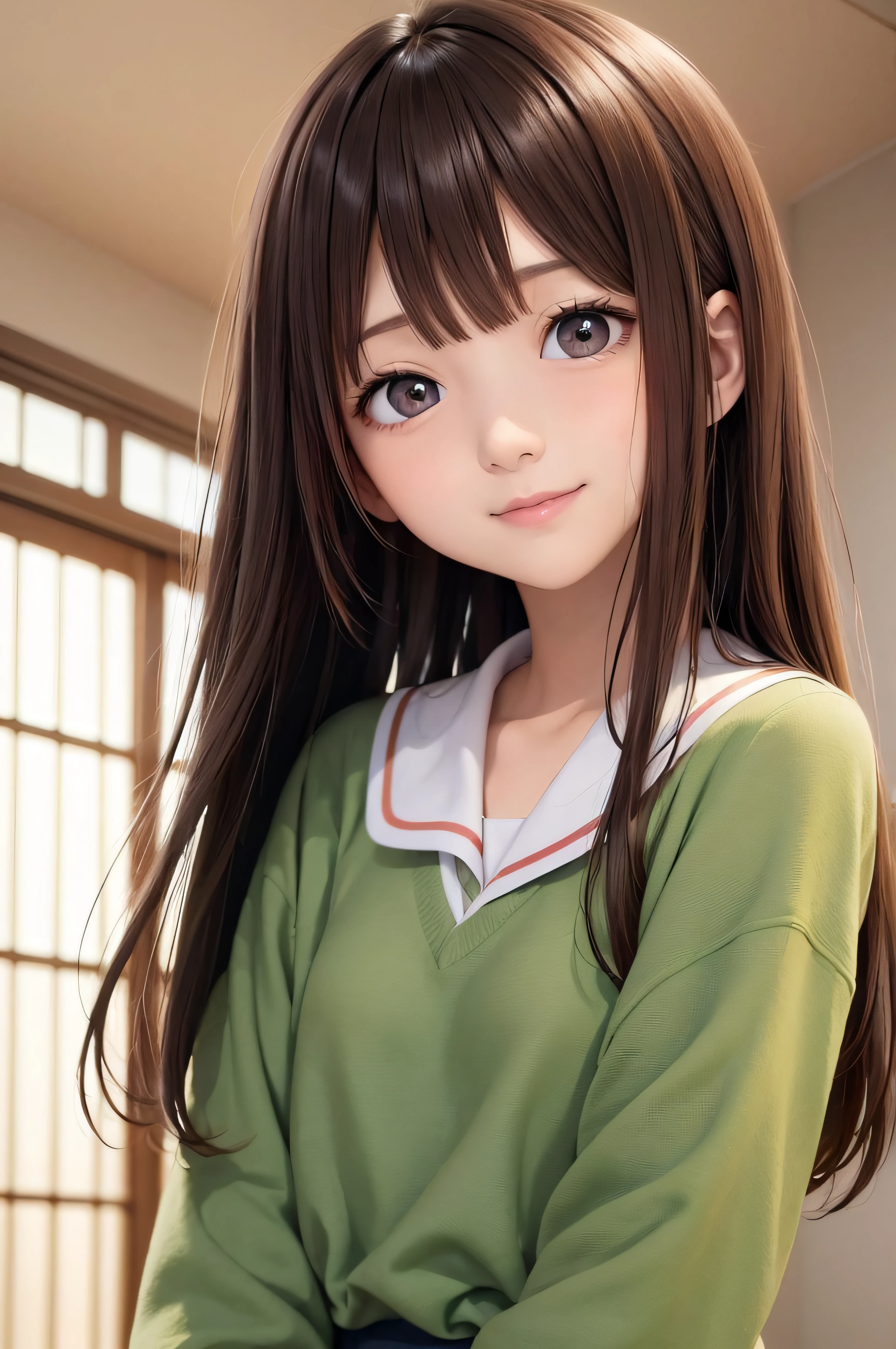 17 age、brown haired、beautidful eyes、real looking skin、hi-school girl、a sailor suit、small tits、(8K、masterpiece)、(reallistic、Photorealsitic)、top-quality、ighly detailed、The ultra-detailliert、Beautie、cute little、japanes、Idol、a smile、Close-up portrait、Healthy face